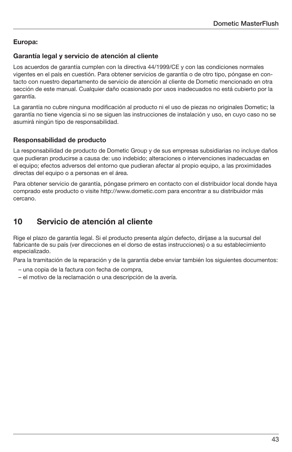 10 servicio de atención al cliente | SeaLand 7200 Series MasterFlush Orbit User Manual | Page 43 / 164
