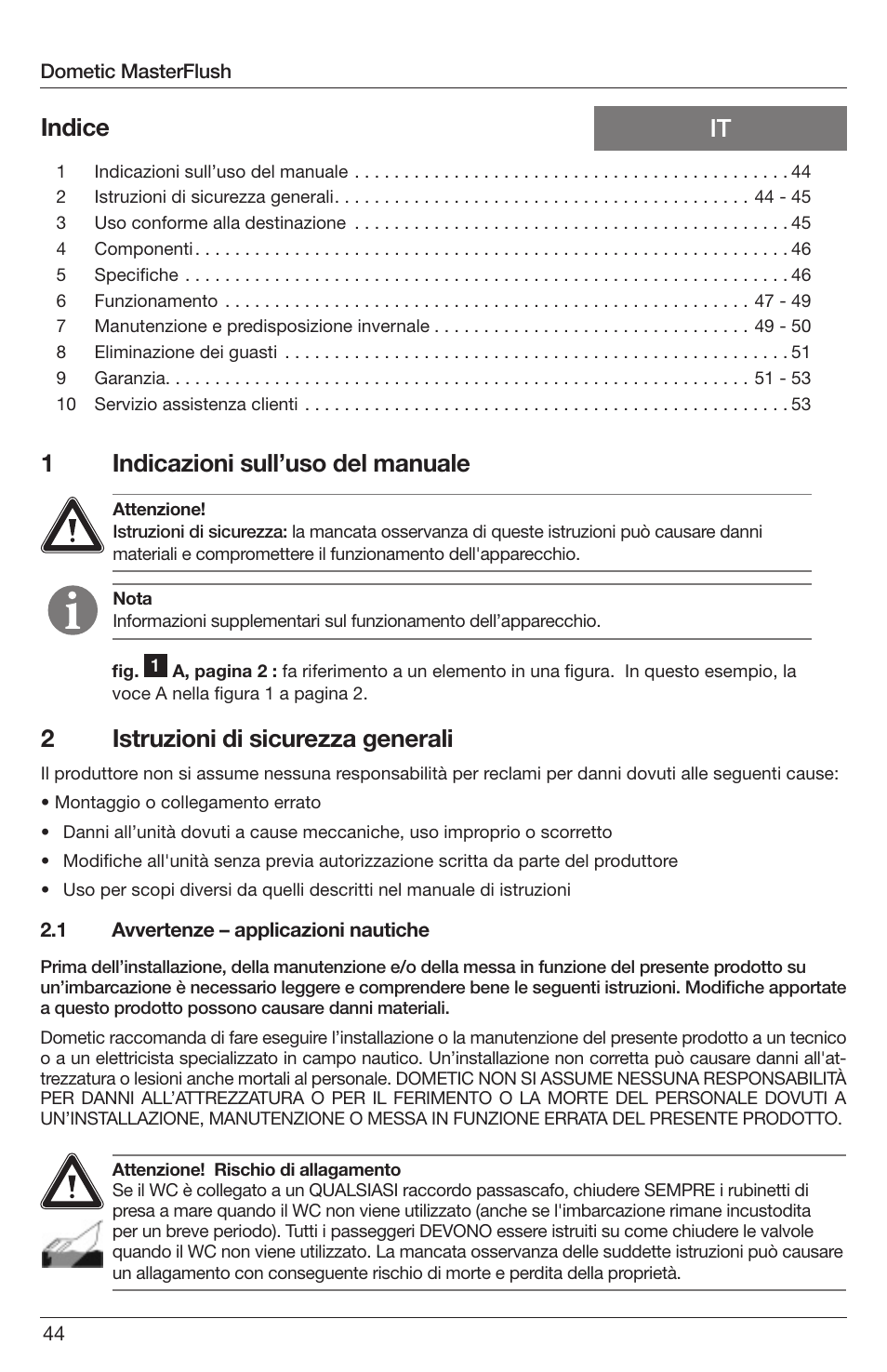 1indicazioni sull’uso del manuale, It indice 2 istruzioni di sicurezza generali | SeaLand 7200 Series MasterFlush Orbit User Manual | Page 44 / 164