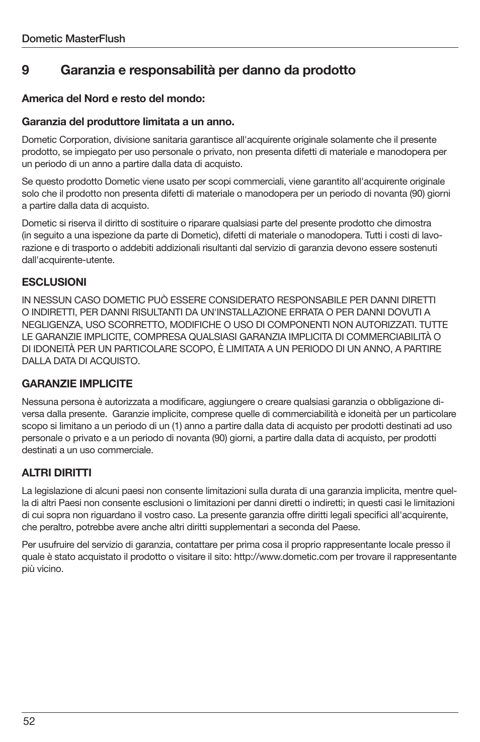 9garanzia e responsabilità per danno da prodotto | SeaLand 7200 Series MasterFlush Orbit User Manual | Page 52 / 164