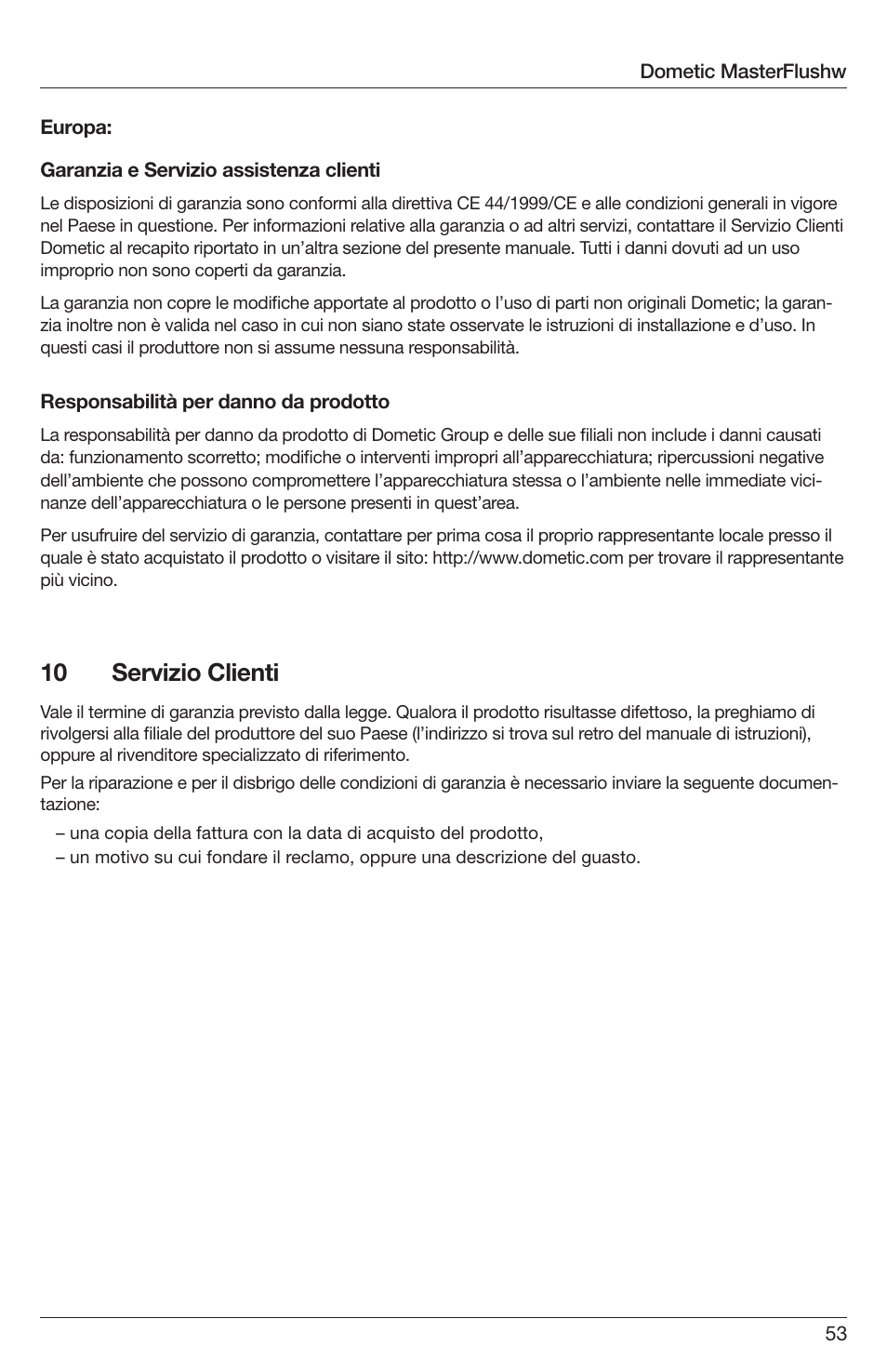 10 servizio clienti | SeaLand 7200 Series MasterFlush Orbit User Manual | Page 53 / 164