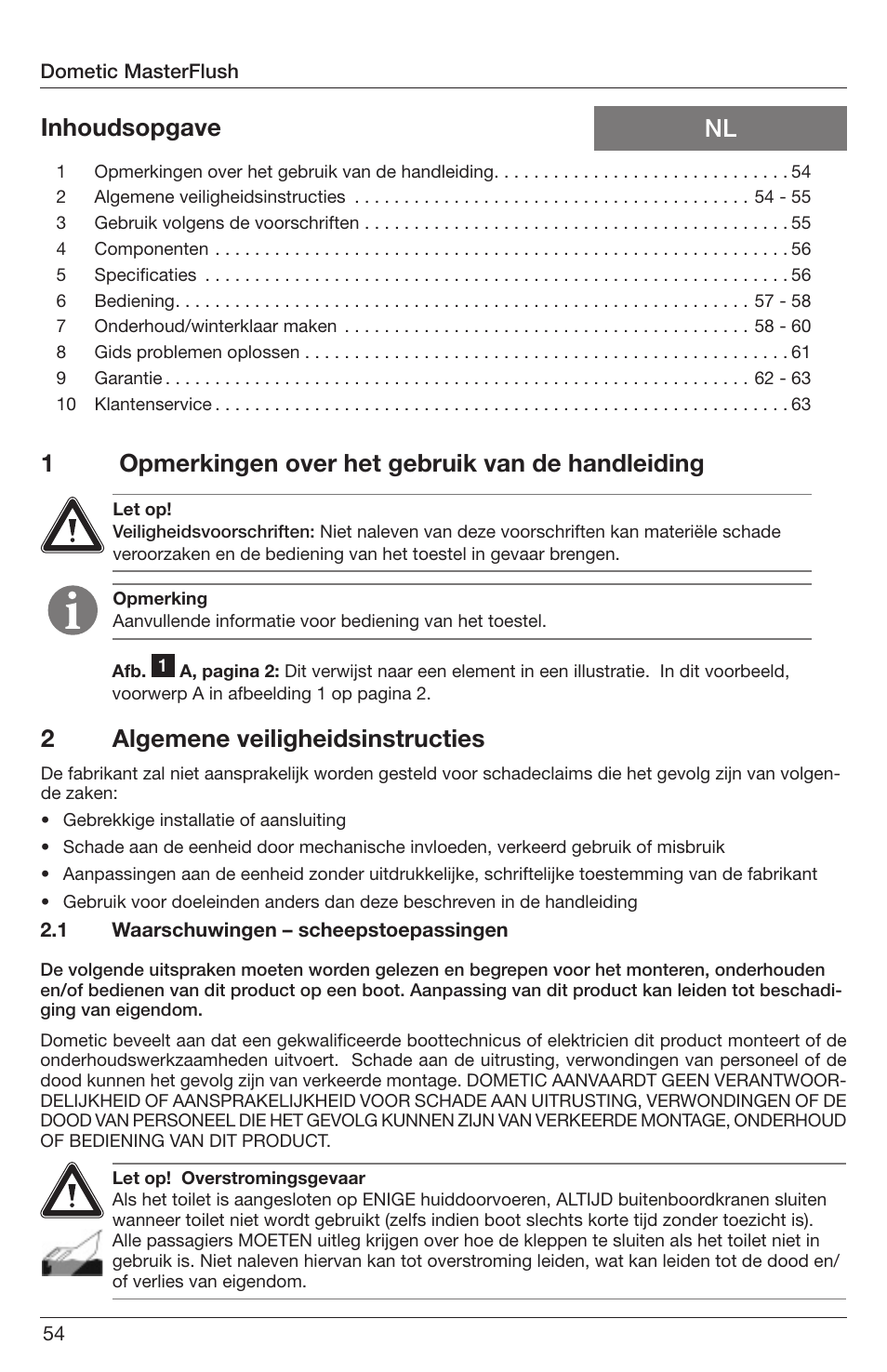 1opmerkingen over het gebruik van de handleiding, Nl inhoudsopgave 2 algemene veiligheidsinstructies | SeaLand 7200 Series MasterFlush Orbit User Manual | Page 54 / 164