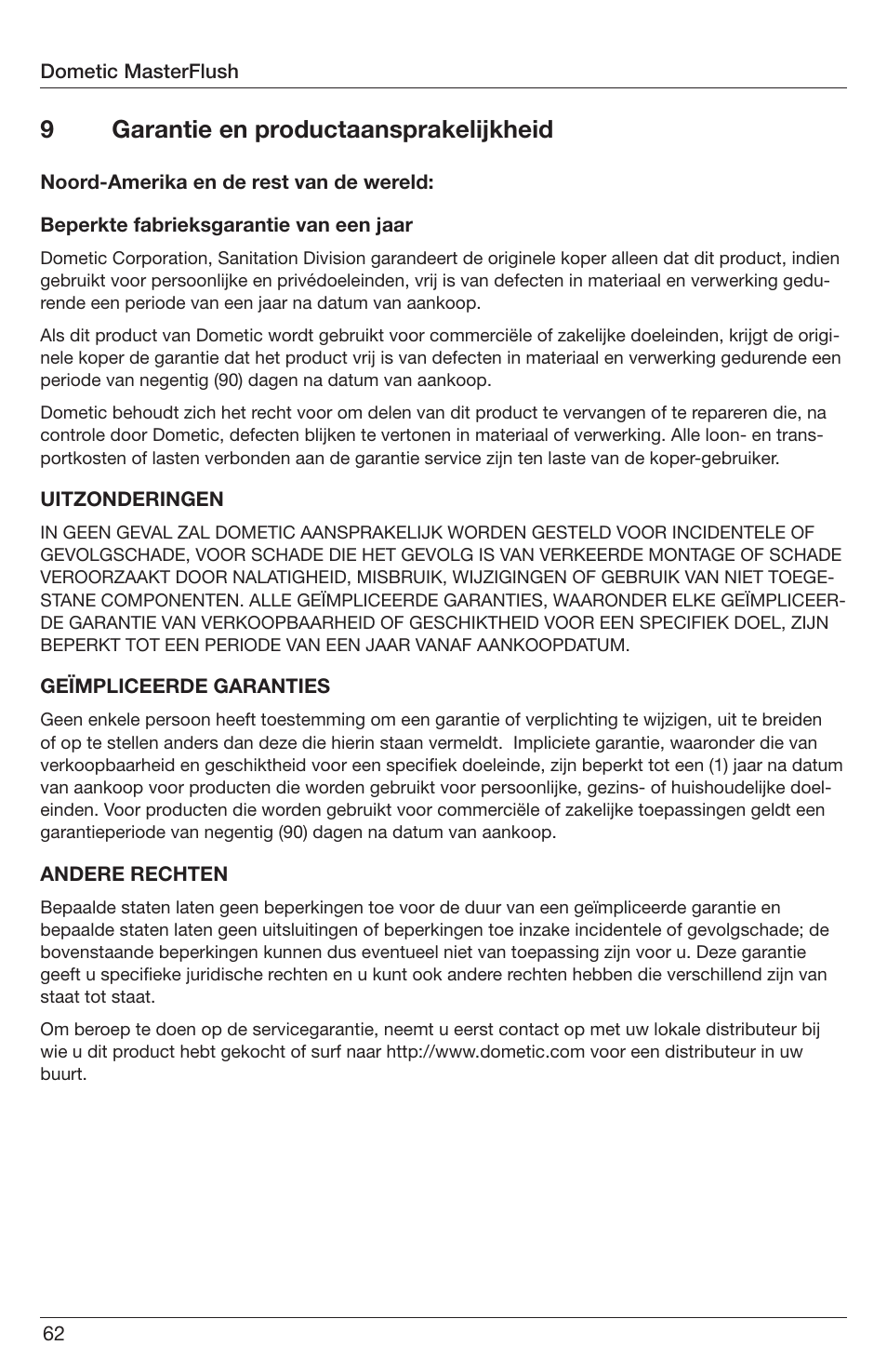 9garantie en productaansprakelijkheid | SeaLand 7200 Series MasterFlush Orbit User Manual | Page 62 / 164