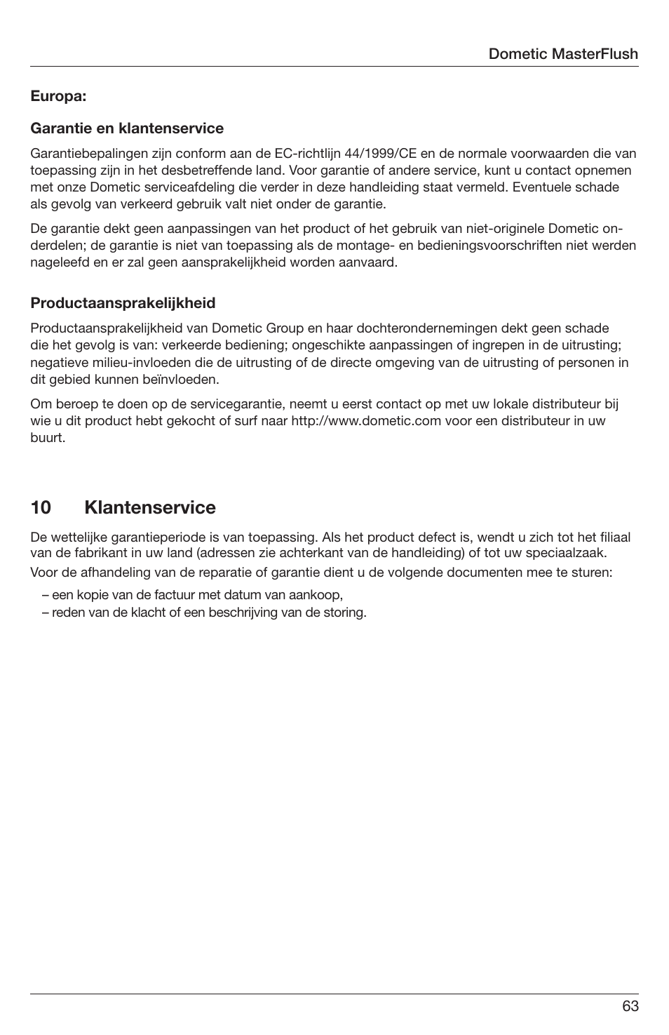 10 klantenservice | SeaLand 7200 Series MasterFlush Orbit User Manual | Page 63 / 164