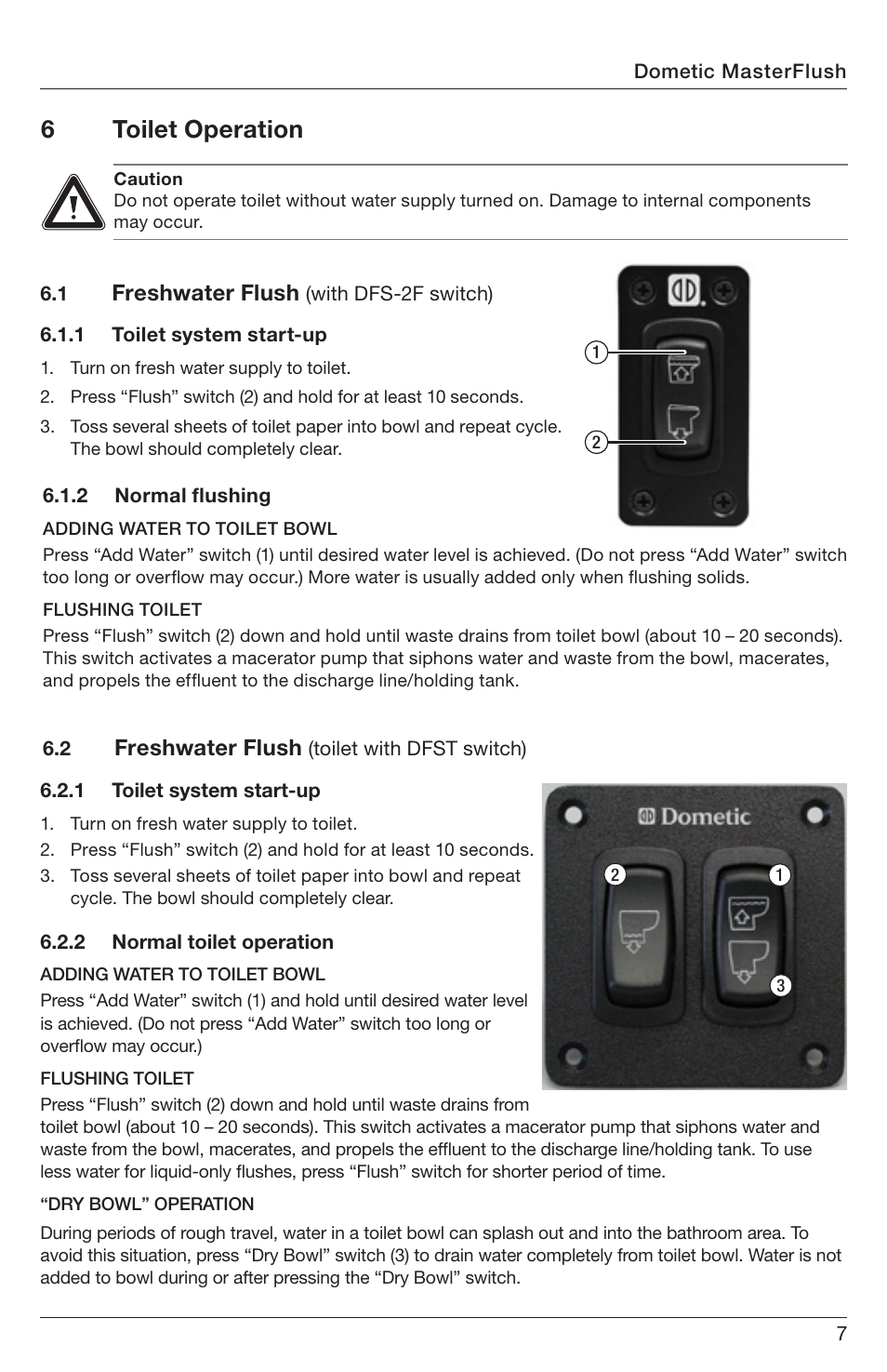 6toilet operation, Freshwater flush | SeaLand 7200 Series MasterFlush Orbit User Manual | Page 7 / 164