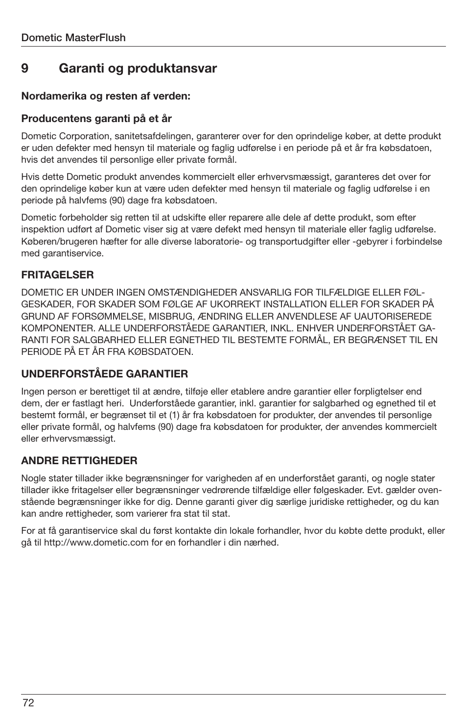 9garanti og produktansvar | SeaLand 7200 Series MasterFlush Orbit User Manual | Page 72 / 164