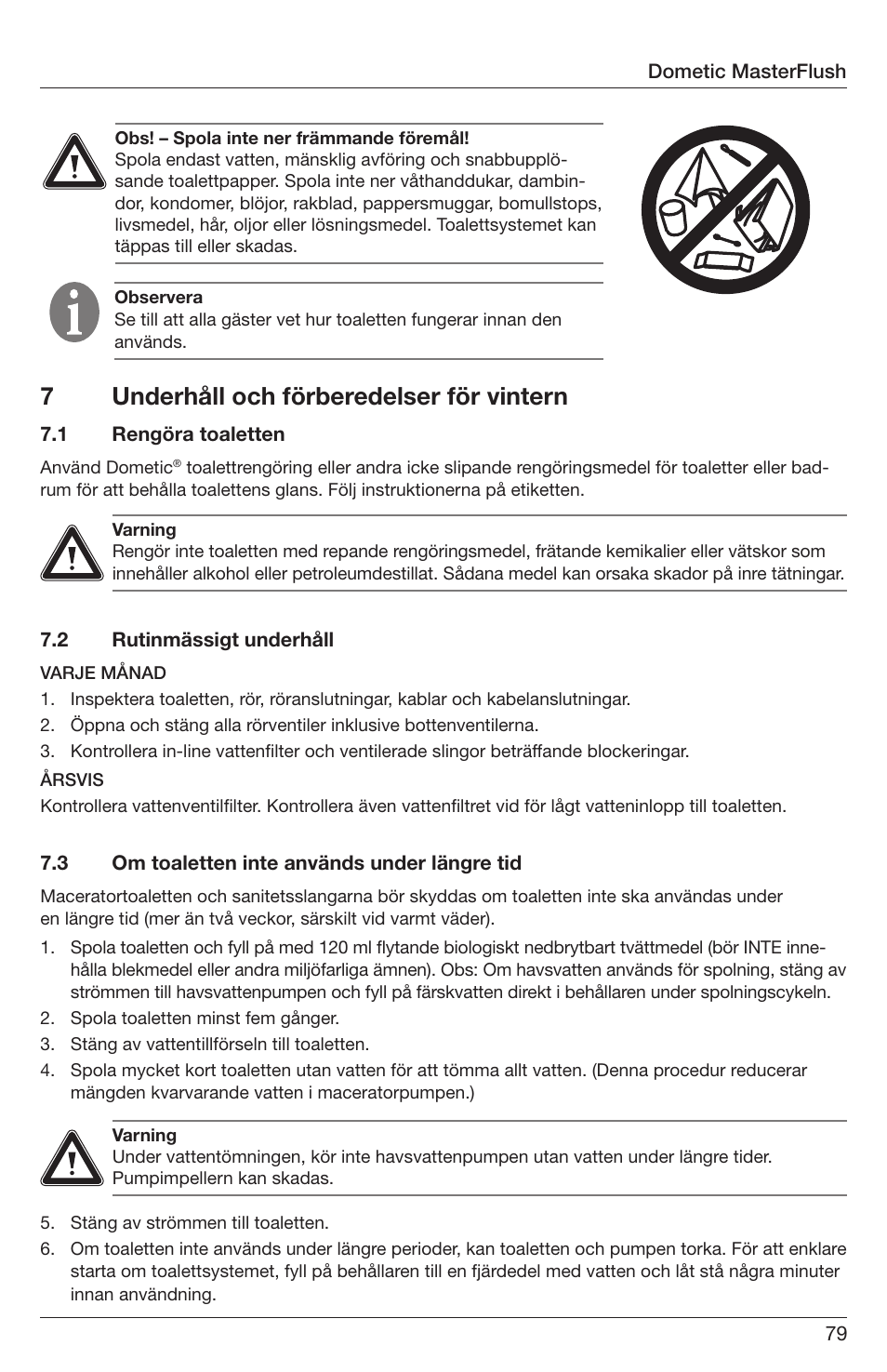 7underhåll och förberedelser för vintern | SeaLand 7200 Series MasterFlush Orbit User Manual | Page 79 / 164