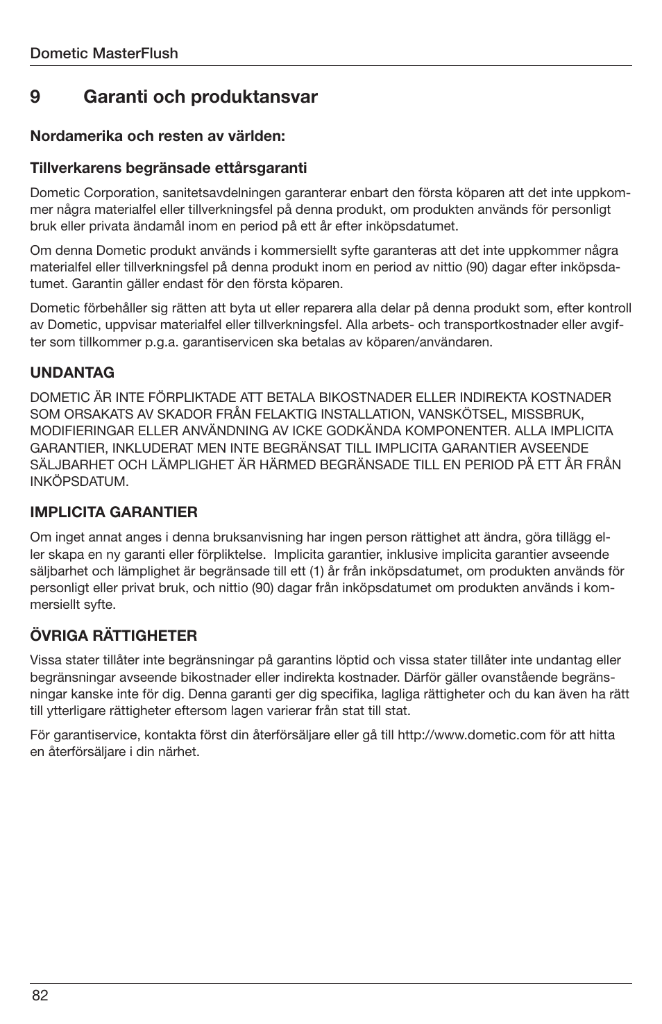 9garanti och produktansvar | SeaLand 7200 Series MasterFlush Orbit User Manual | Page 82 / 164