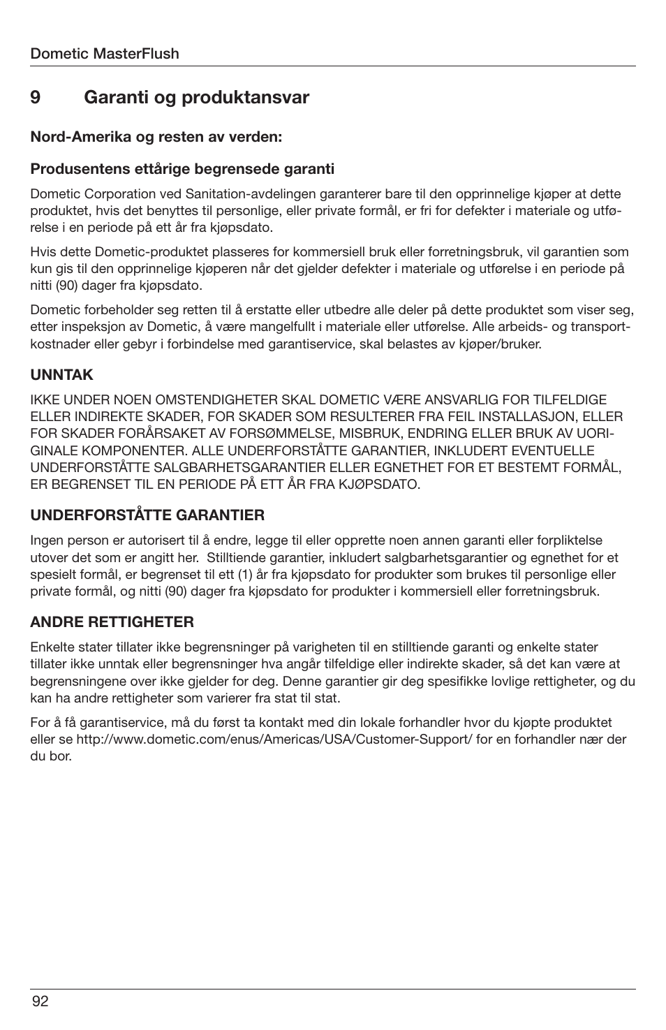 9garanti og produktansvar | SeaLand 7200 Series MasterFlush Orbit User Manual | Page 92 / 164