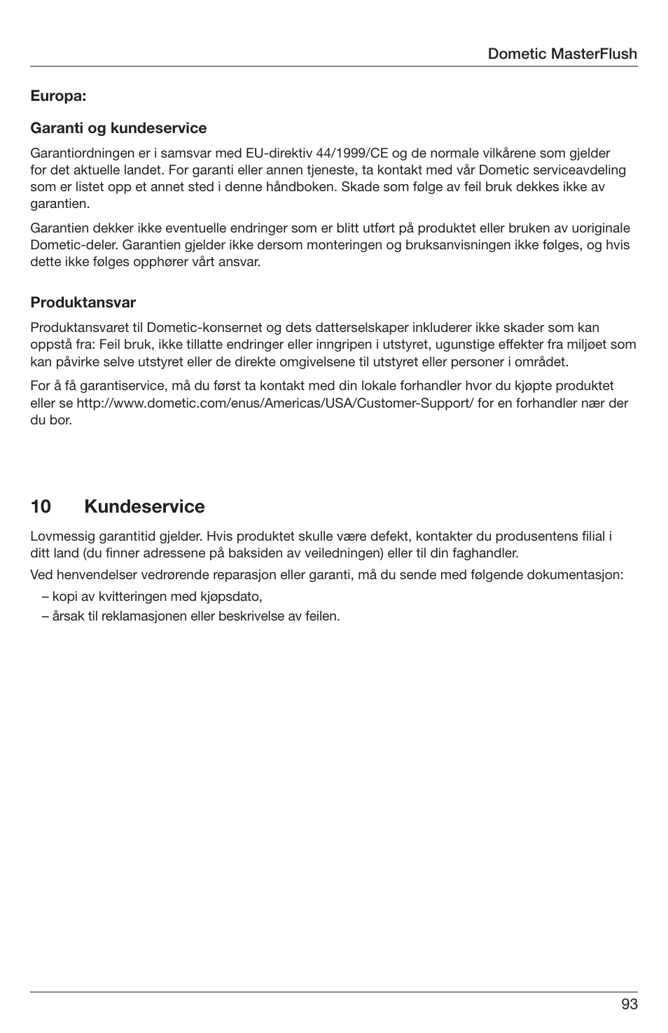 10 kundeservice | SeaLand 7200 Series MasterFlush Orbit User Manual | Page 93 / 164