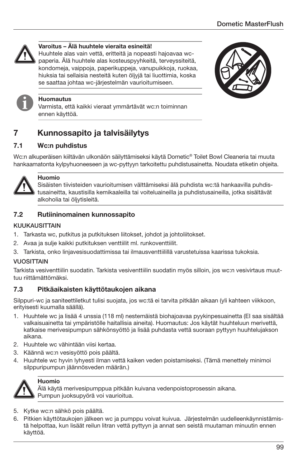 7kunnossapito ja talvisäilytys | SeaLand 7200 Series MasterFlush Orbit User Manual | Page 99 / 164