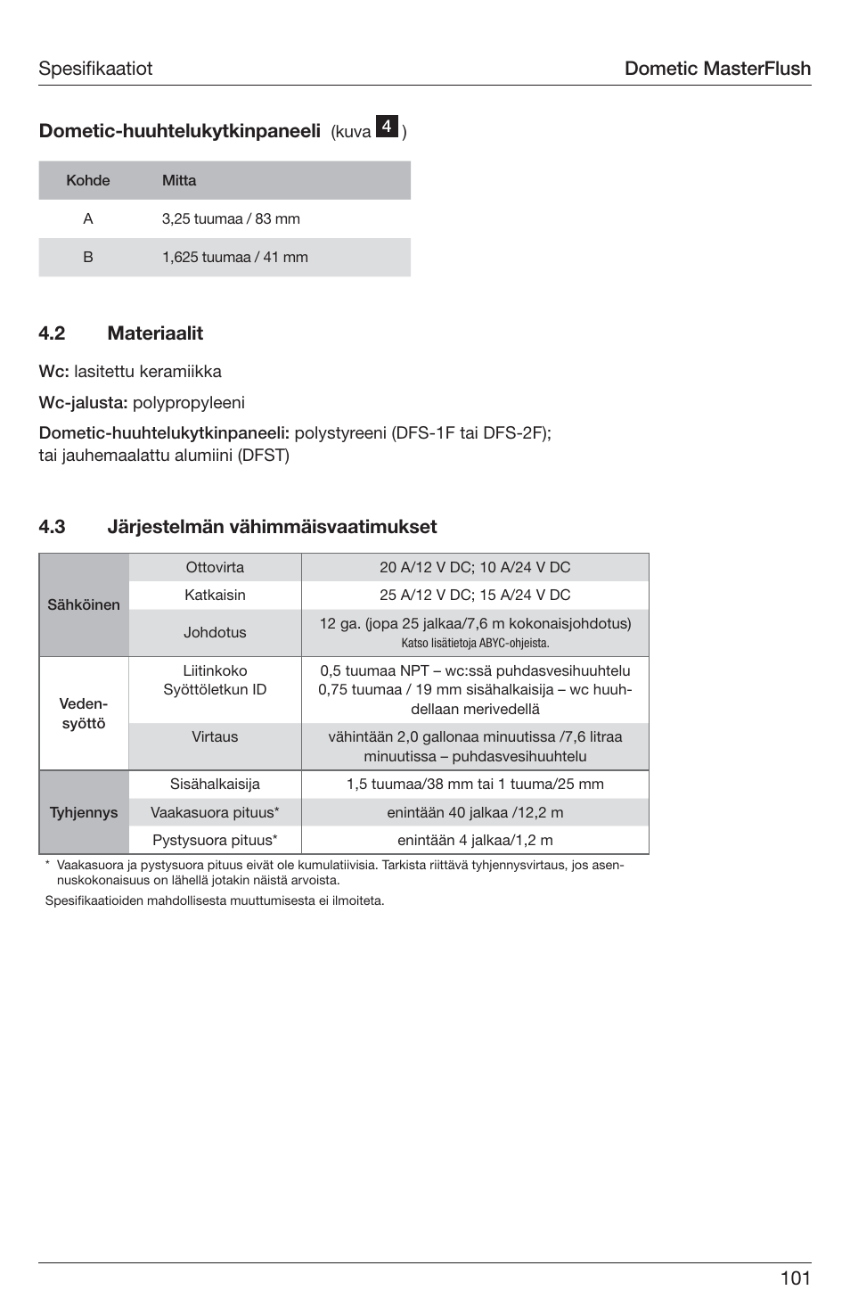 101 spesifi kaatiot dometic-huuhtelukytkinpaneeli, Dometic masterflush | SeaLand 7200 Series MasterFlush Toilet Installation User Manual | Page 101 / 172