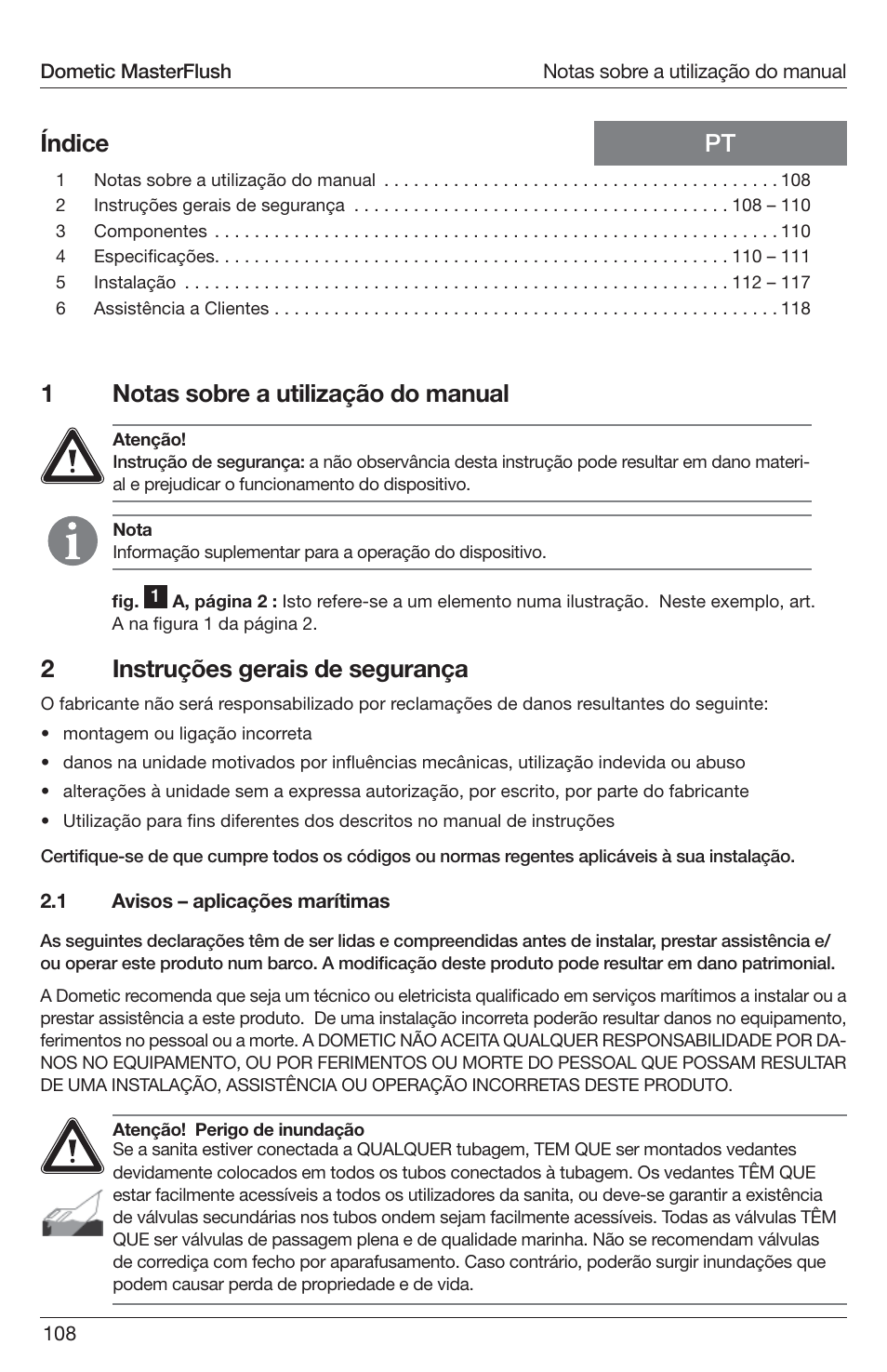 1notas sobre a utilização do manual, Pt índice 2 instruções gerais de segurança | SeaLand 7200 Series MasterFlush Toilet Installation User Manual | Page 108 / 172