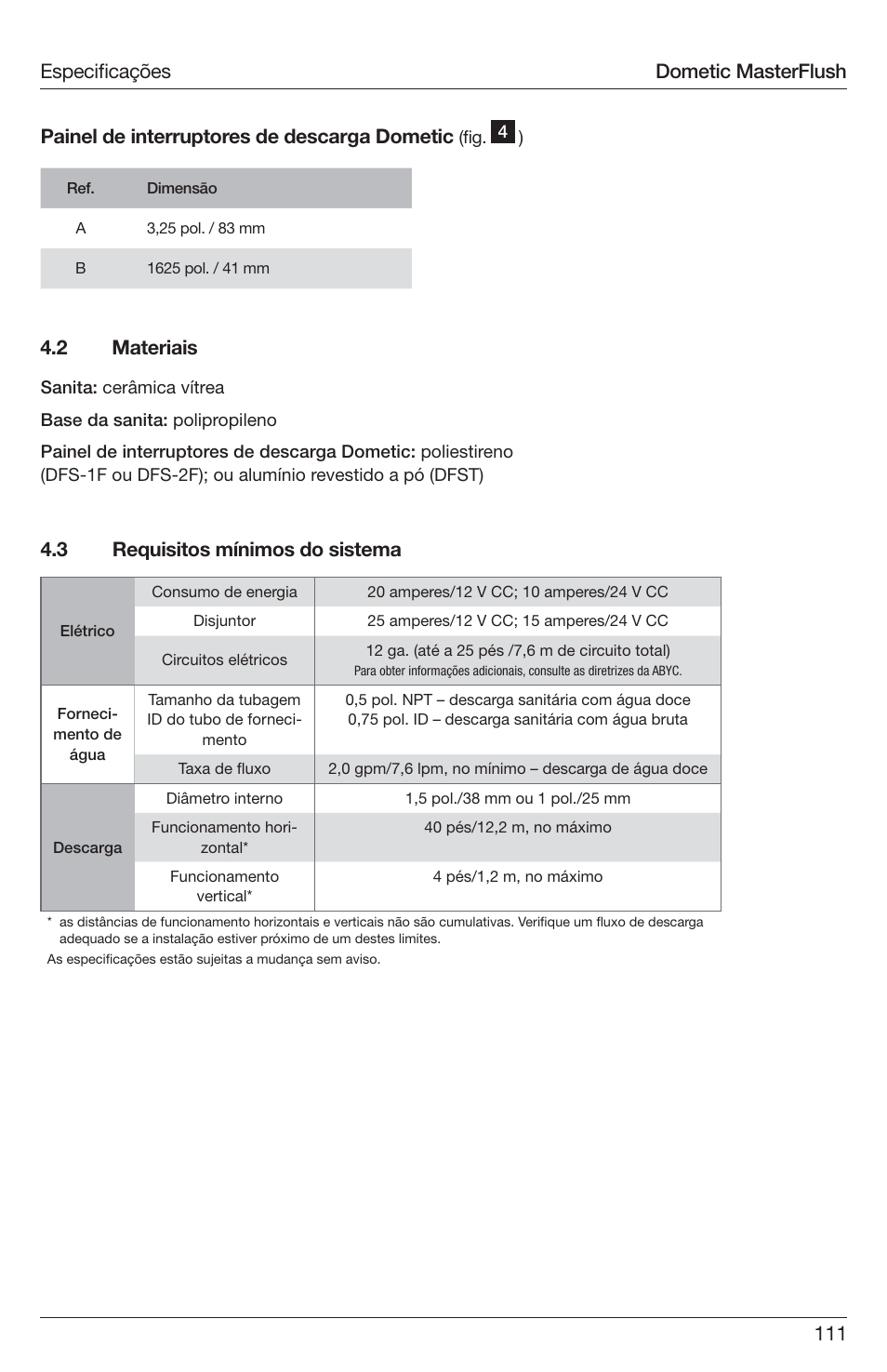 3 requisitos mínimos do sistema 4.2 materiais, Dometic masterflush | SeaLand 7200 Series MasterFlush Toilet Installation User Manual | Page 111 / 172