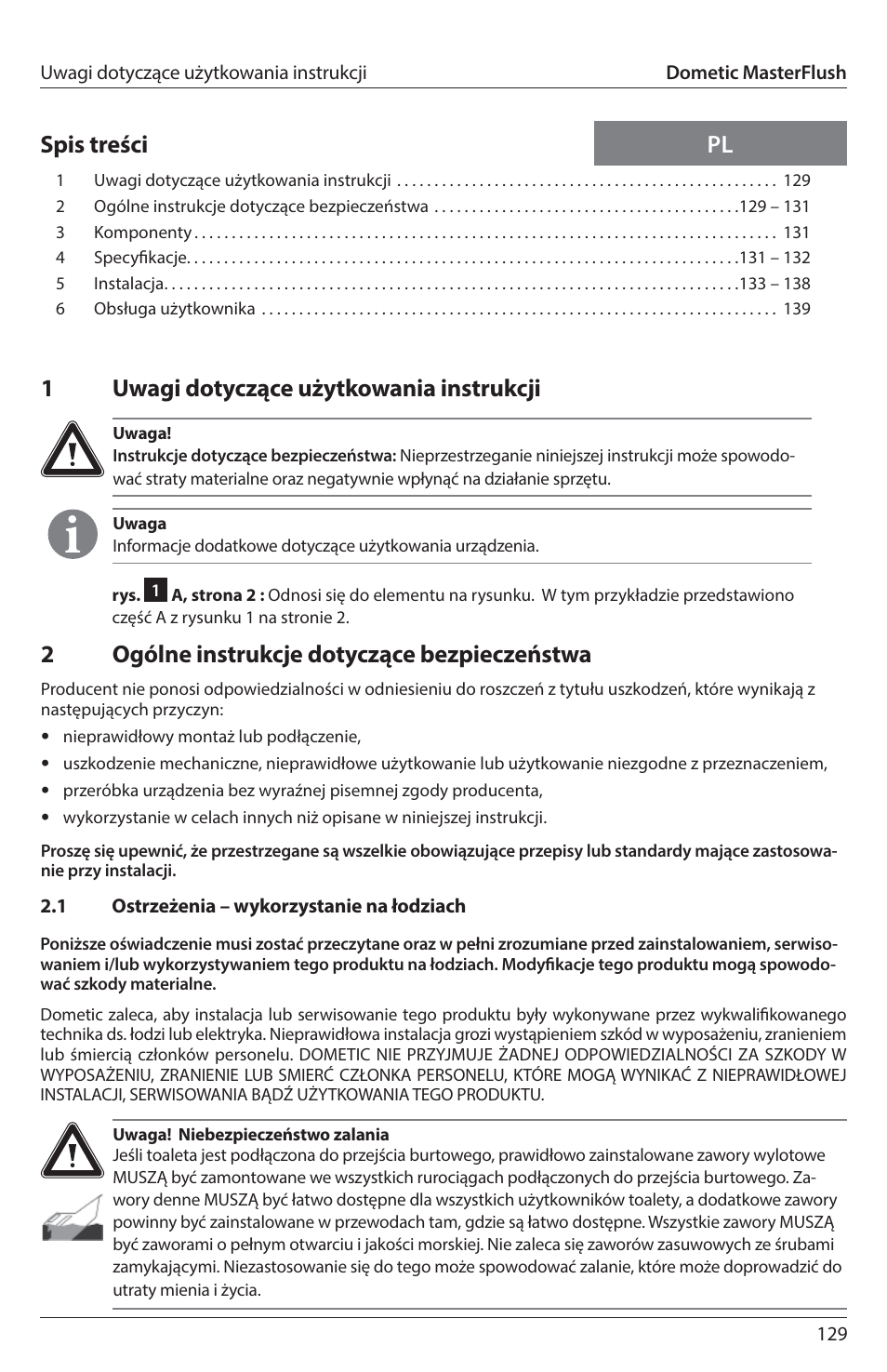 1uwagi dotyczące użytkowania instrukcji | SeaLand 7200 Series MasterFlush Toilet Installation User Manual | Page 129 / 172