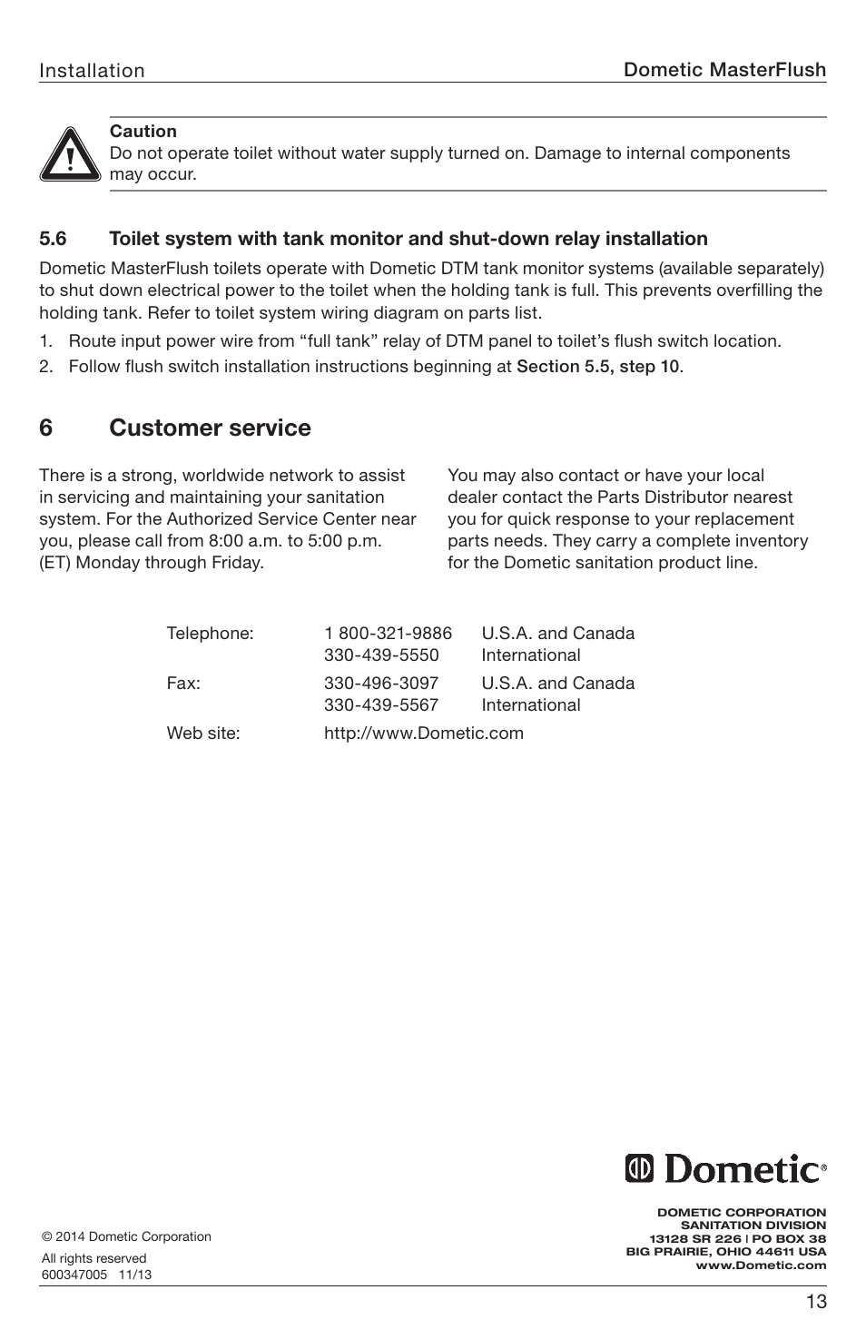 6customer service | SeaLand 7200 Series MasterFlush Toilet Installation User Manual | Page 13 / 172