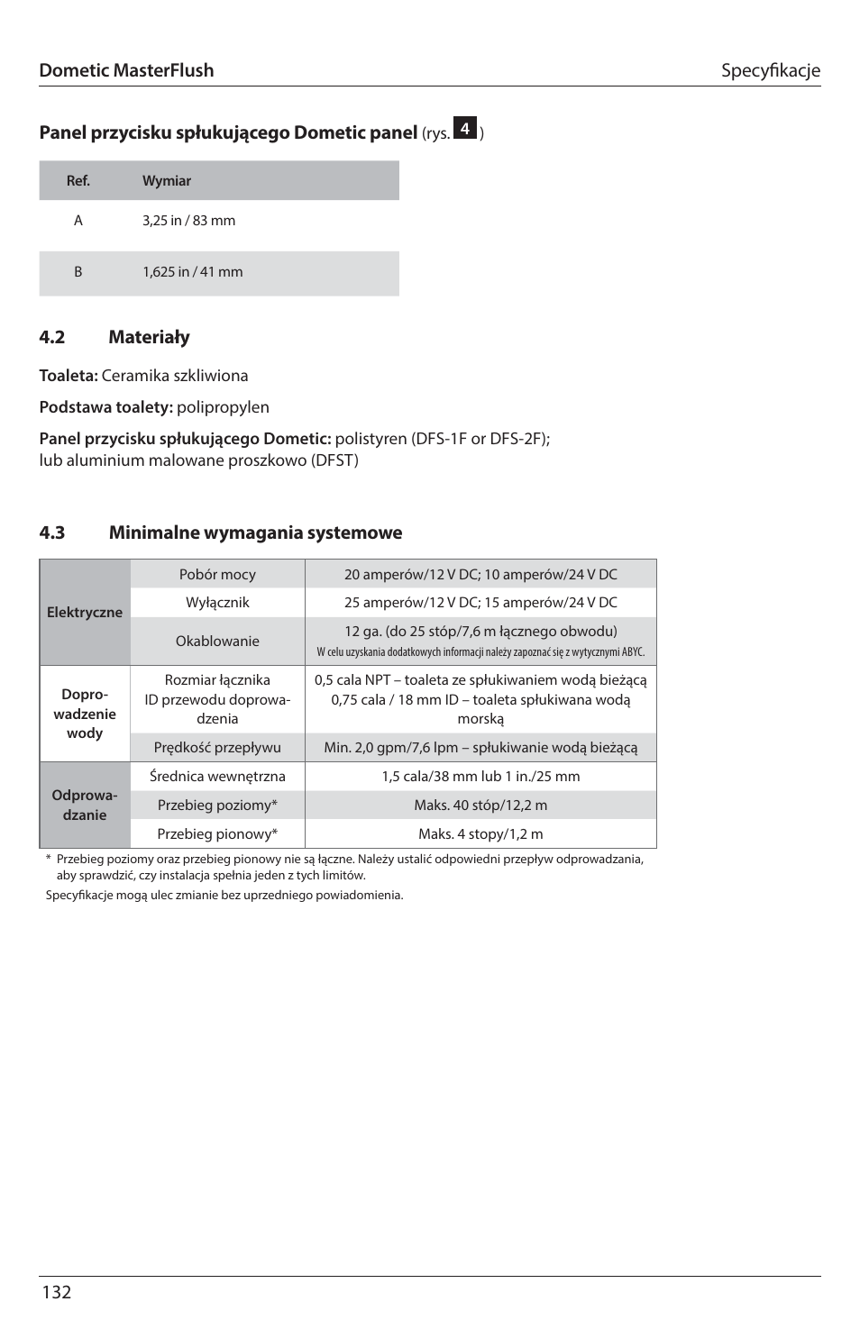 132 panel przycisku spłukującego dometic panel, 3 minimalne wymagania systemowe 4.2 materiały, Specyfi kacje dometic masterflush | SeaLand 7200 Series MasterFlush Toilet Installation User Manual | Page 132 / 172