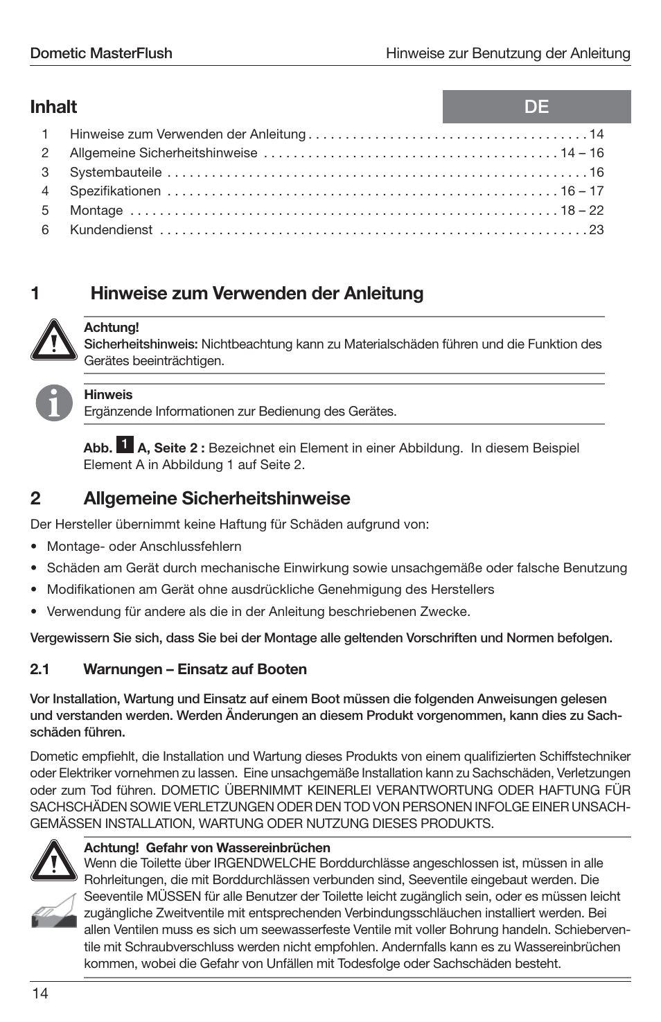 1hinweise zum verwenden der anleitung, De inhalt 2 allgemeine sicherheitshinweise | SeaLand 7200 Series MasterFlush Toilet Installation User Manual | Page 14 / 172