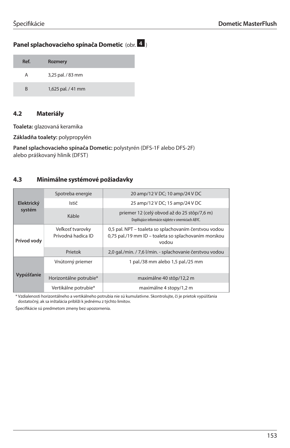 3 minimálne systémové požiadavky 4.2 materiály, Dometic masterflush | SeaLand 7200 Series MasterFlush Toilet Installation User Manual | Page 153 / 172