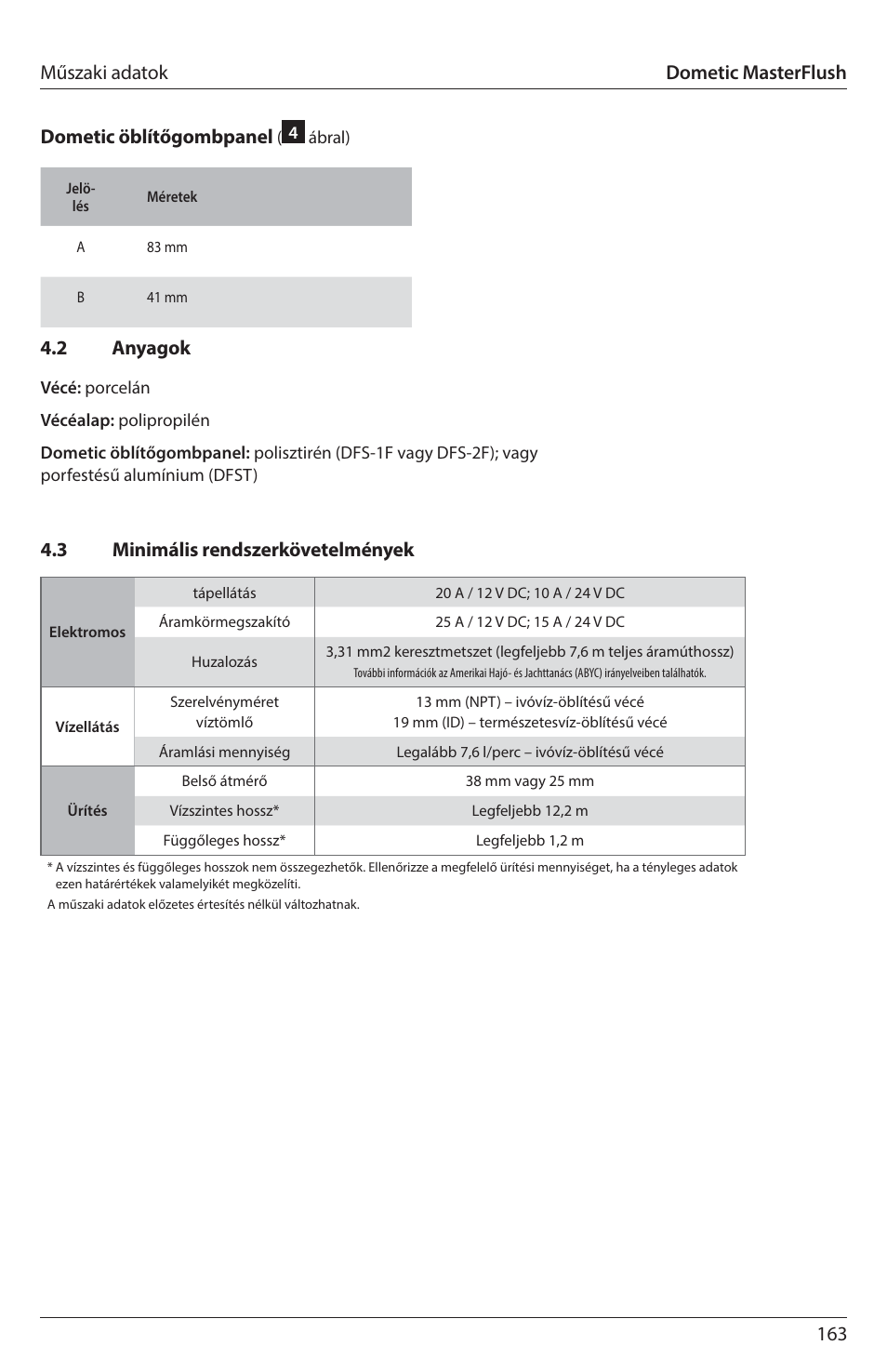 163 műszaki adatok dometic öblítőgombpanel, 3 minimális rendszerkövetelmények 4.2 anyagok, Dometic masterflush | SeaLand 7200 Series MasterFlush Toilet Installation User Manual | Page 163 / 172