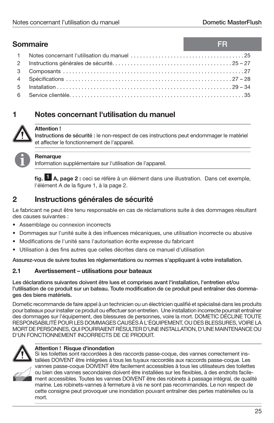 Fr sommaire 2 instructions générales de sécurité | SeaLand 7200 Series MasterFlush Toilet Installation User Manual | Page 25 / 172