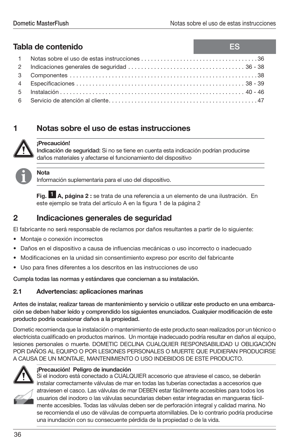 1notas sobre el uso de estas instrucciones | SeaLand 7200 Series MasterFlush Toilet Installation User Manual | Page 36 / 172