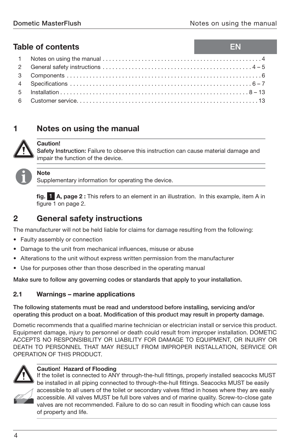 En table of contents 2 general safety instructions | SeaLand 7200 Series MasterFlush Toilet Installation User Manual | Page 4 / 172