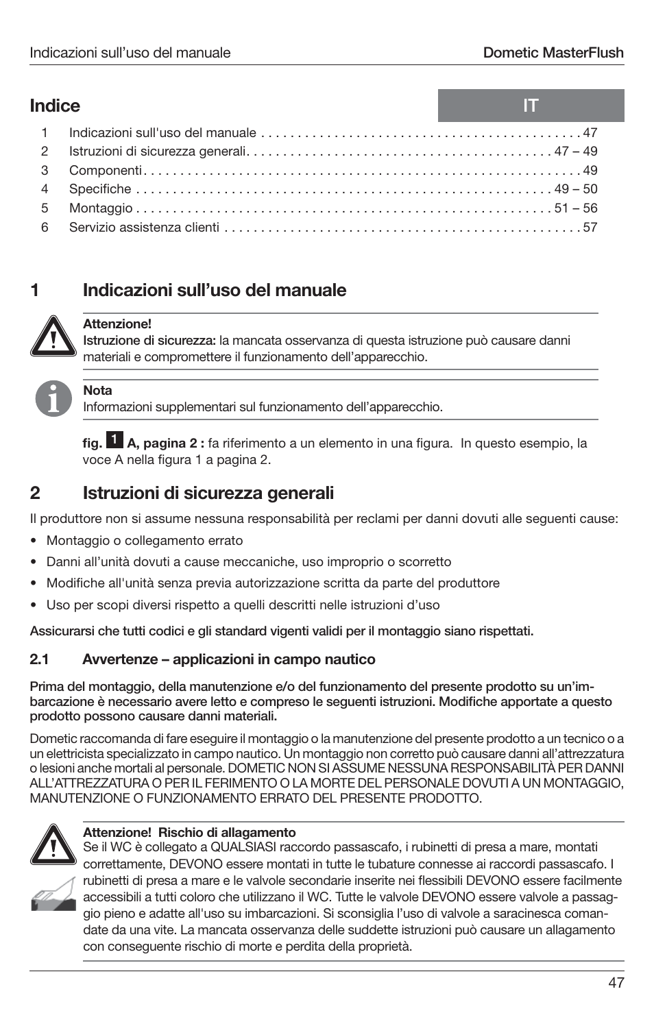 1indicazioni sull’uso del manuale, It indice 2 istruzioni di sicurezza generali | SeaLand 7200 Series MasterFlush Toilet Installation User Manual | Page 47 / 172