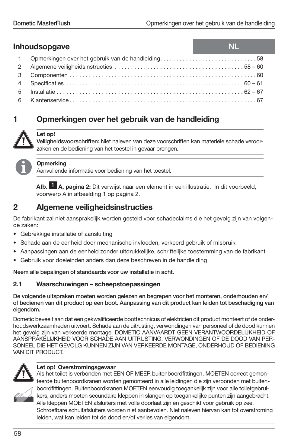 1opmerkingen over het gebruik van de handleiding, Nl inhoudsopgave 2 algemene veiligheidsinstructies | SeaLand 7200 Series MasterFlush Toilet Installation User Manual | Page 58 / 172