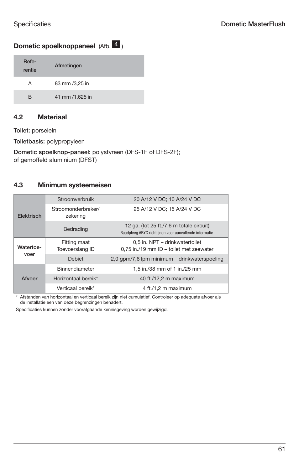 61 specifi caties dometic spoelknoppaneel, 3 minimum systeemeisen 4.2 materiaal, Dometic masterflush | SeaLand 7200 Series MasterFlush Toilet Installation User Manual | Page 61 / 172