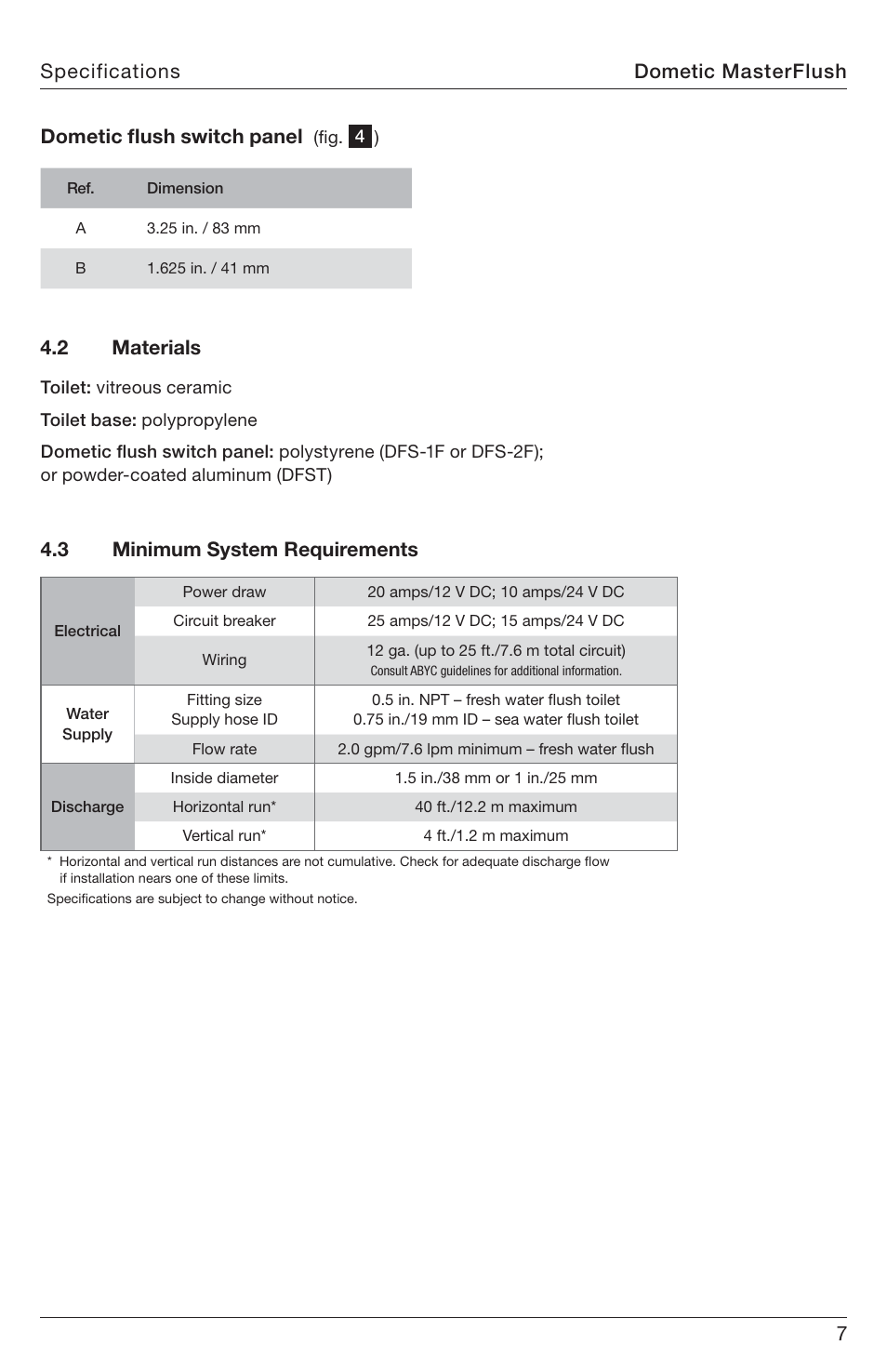 7specifications dometic ﬂ ush switch panel, 3 minimum system requirements 4.2 materials, Dometic masterflush | SeaLand 7200 Series MasterFlush Toilet Installation User Manual | Page 7 / 172