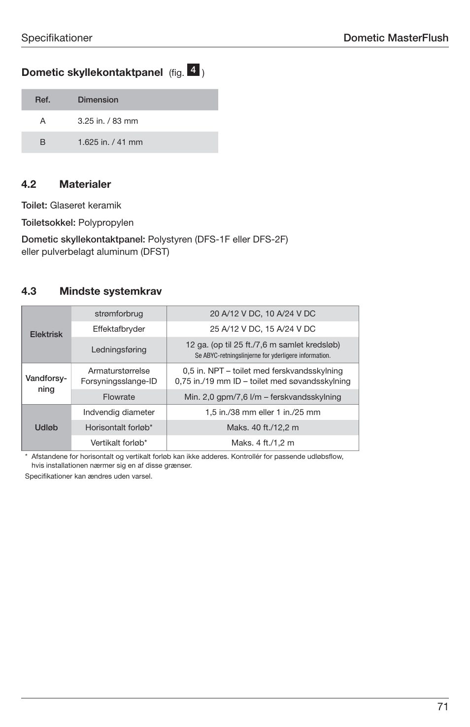 71 specifi kationer dometic skyllekontaktpanel, 3 mindste systemkrav 4.2 materialer, Dometic masterflush | SeaLand 7200 Series MasterFlush Toilet Installation User Manual | Page 71 / 172