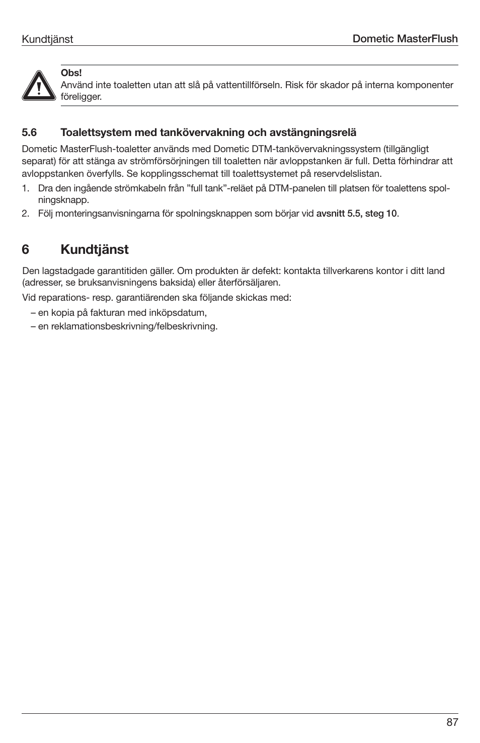 6kundtjänst | SeaLand 7200 Series MasterFlush Toilet Installation User Manual | Page 87 / 172