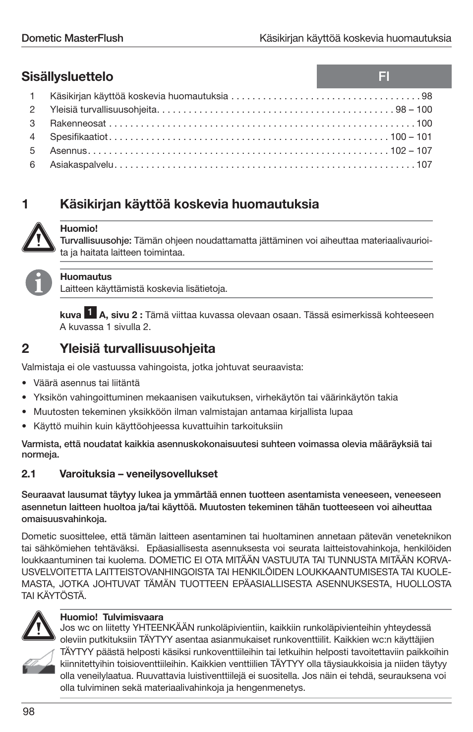 1käsikirjan käyttöä koskevia huomautuksia, Fi sisällysluettelo 2 yleisiä turvallisuusohjeita | SeaLand 7200 Series MasterFlush Toilet Installation User Manual | Page 98 / 172