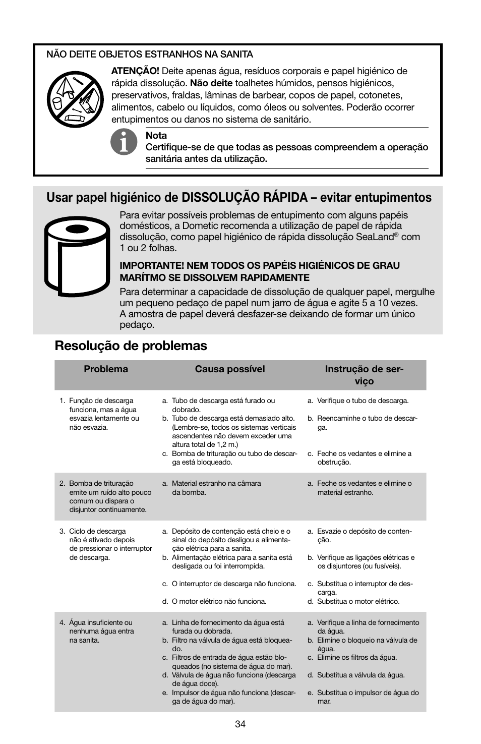 Resolução de problemas, Problema causa possível instrução de ser- viço | SeaLand 7200 Series MasterFlush Toilet Quick-start Guide User Manual | Page 33 / 51