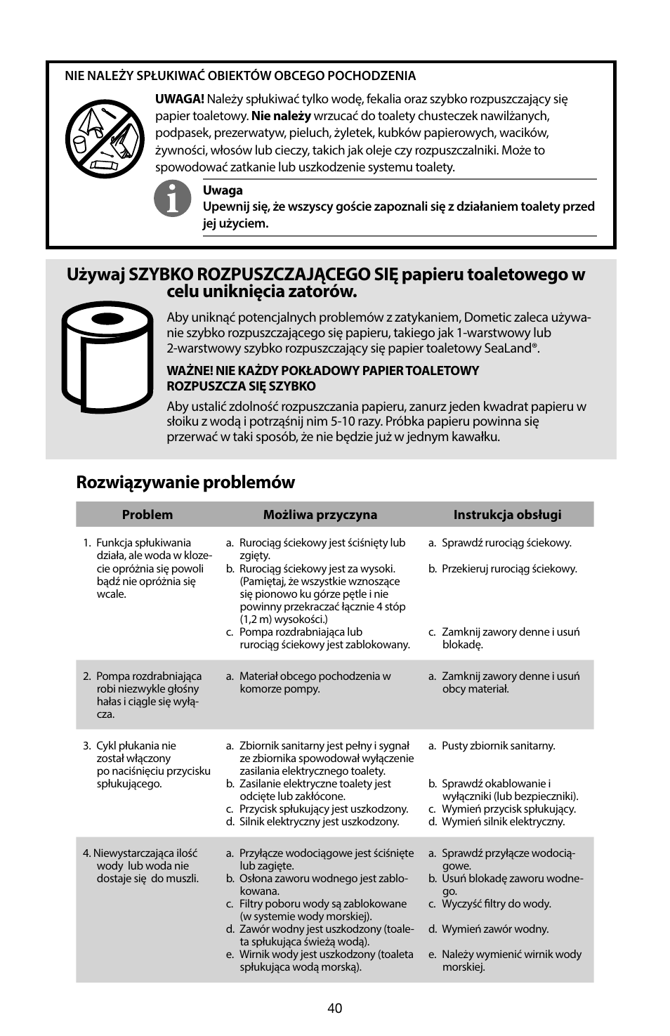 Rozwiązywanie problemów | SeaLand 7200 Series MasterFlush Toilet Quick-start Guide User Manual | Page 39 / 51