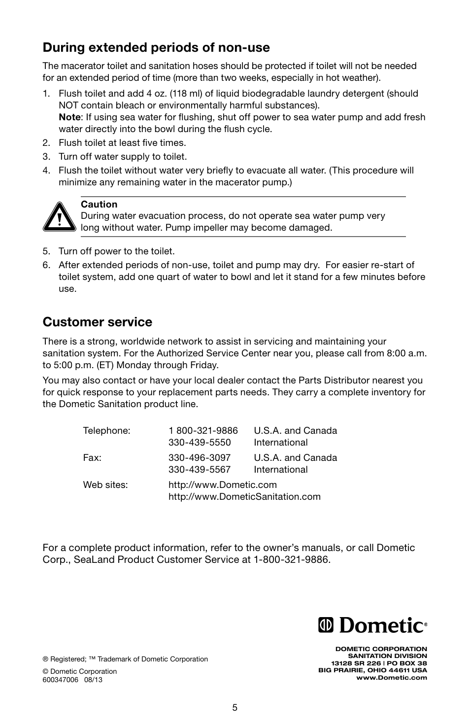 Customer service, During extended periods of non-use | SeaLand 7200 Series MasterFlush Toilet Quick-start Guide User Manual | Page 4 / 51