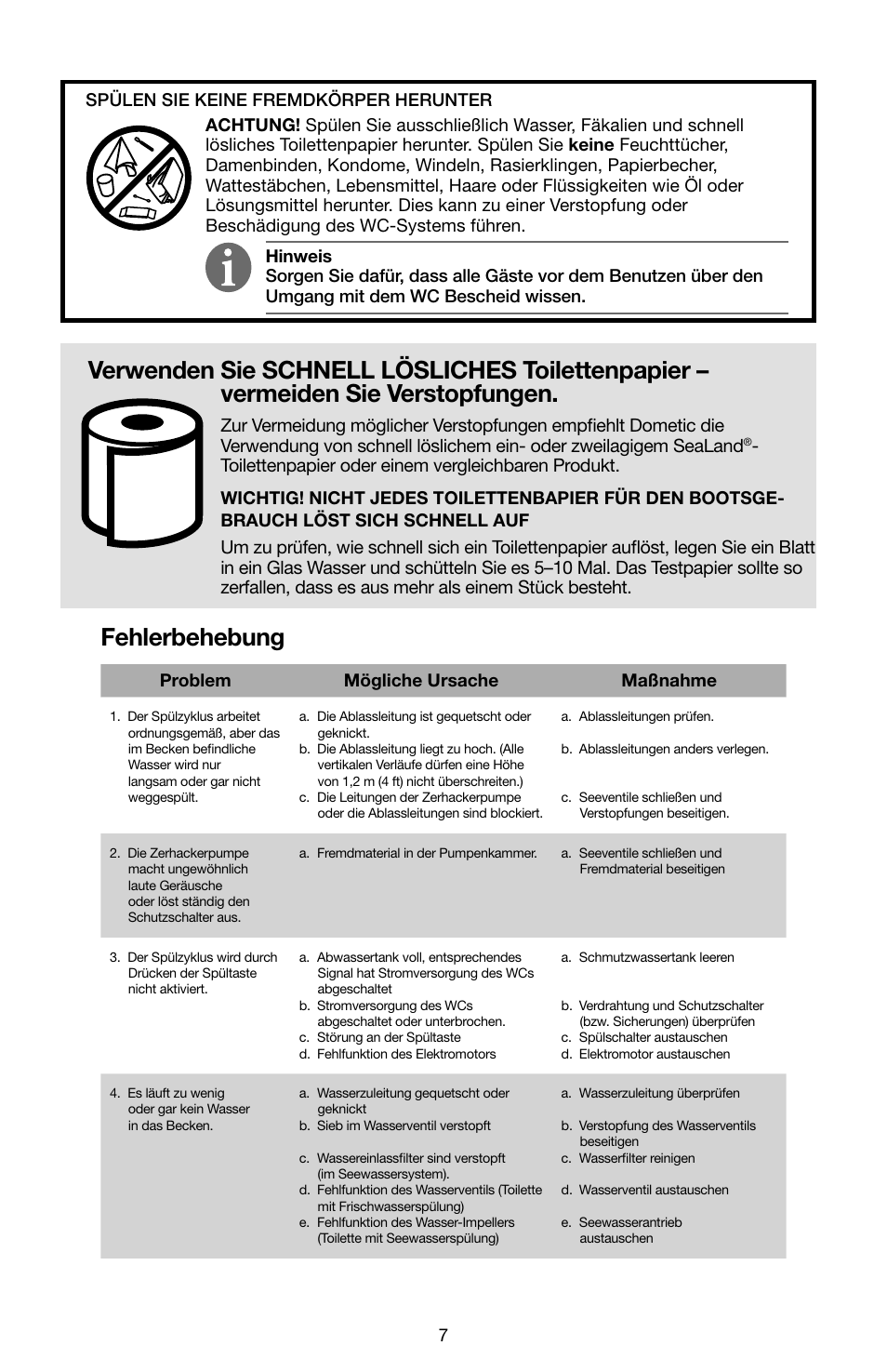 Fehlerbehebung, Problem mögliche ursache maßnahme | SeaLand 7200 Series MasterFlush Toilet Quick-start Guide User Manual | Page 6 / 51