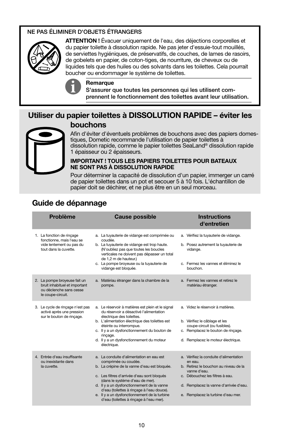 Guide de dépannage, Problème cause possible instructions d'entretien | SeaLand 7200 Series MasterFlush Toilet Quick-start Guide User Manual | Page 9 / 51