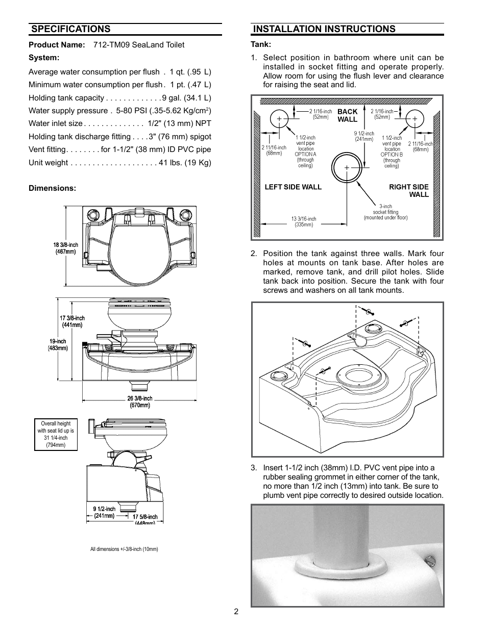 Specifications, Installation, Holding tank | Installation instructions | SeaLand 712-TM09 Toilet User Manual | Page 2 / 8