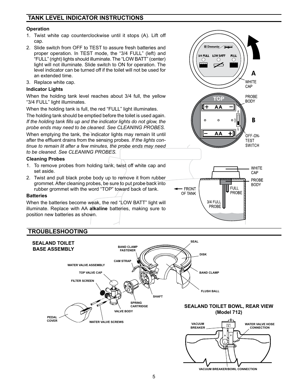 Tank level indicator instructions, Troubleshooting | SeaLand 712-TM09 Toilet User Manual | Page 5 / 8