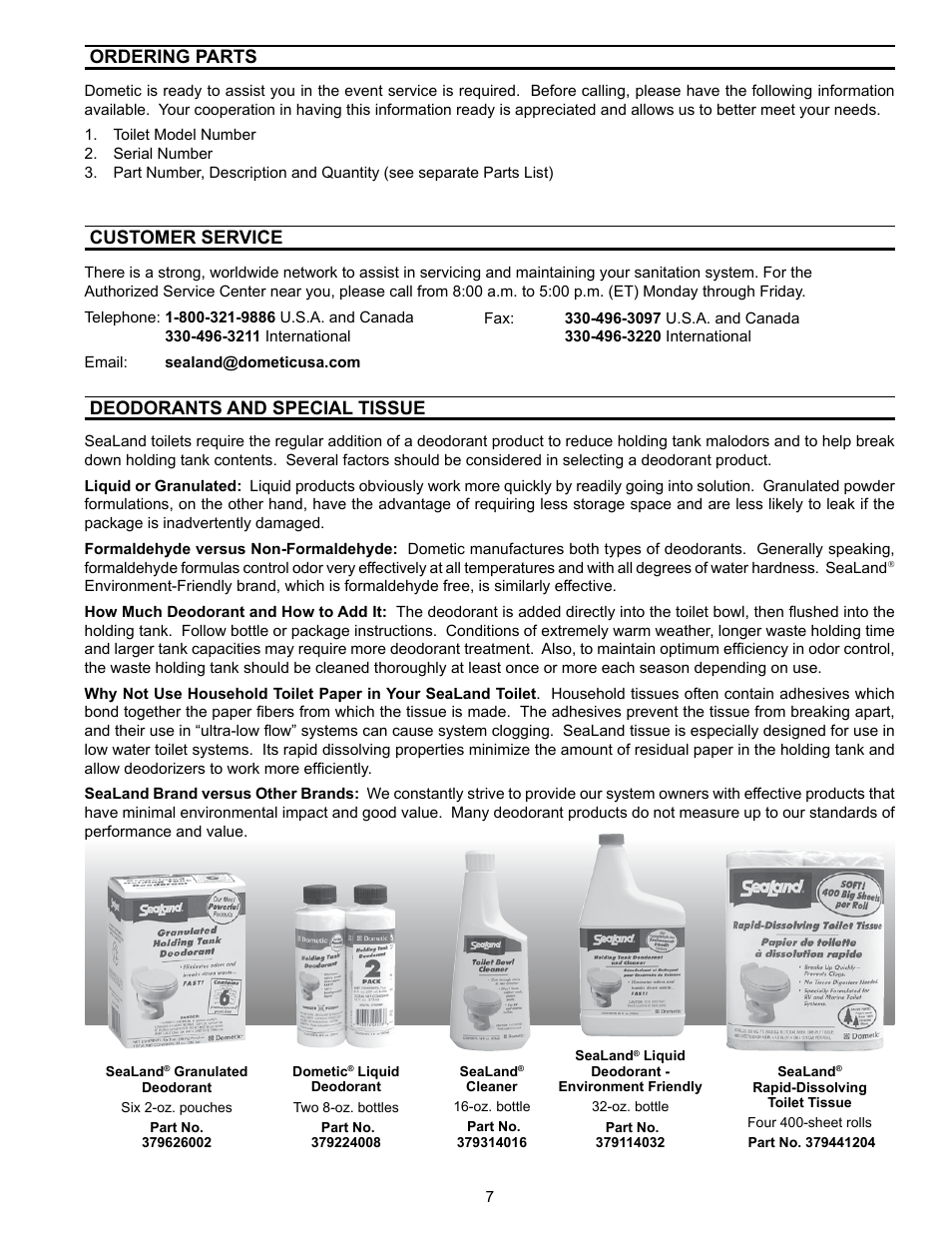 Ordering parts, Customer service, Deodorants and special tissue | SeaLand 712-TM09 Toilet User Manual | Page 7 / 8