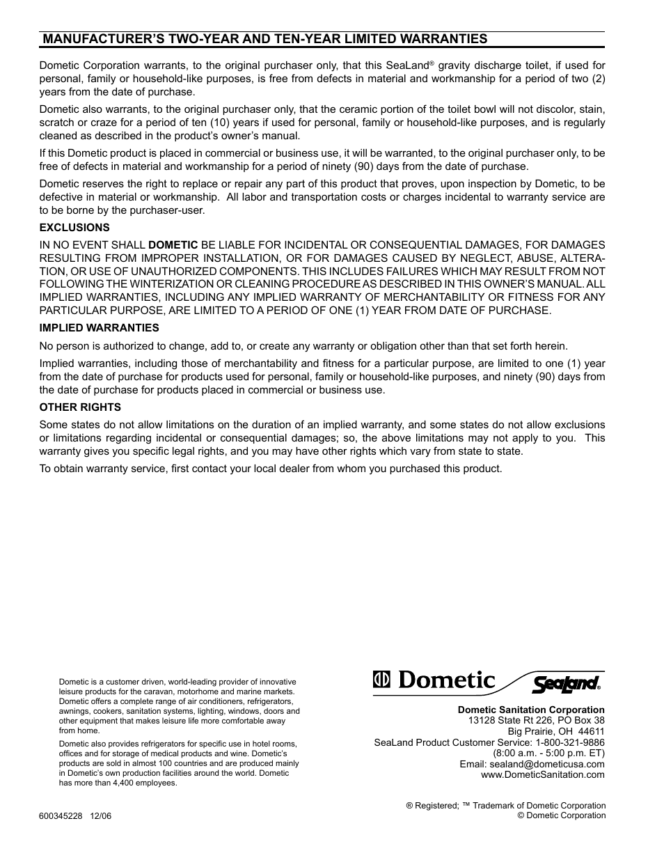 Warranty | SeaLand 712-TM09 Toilet User Manual | Page 8 / 8