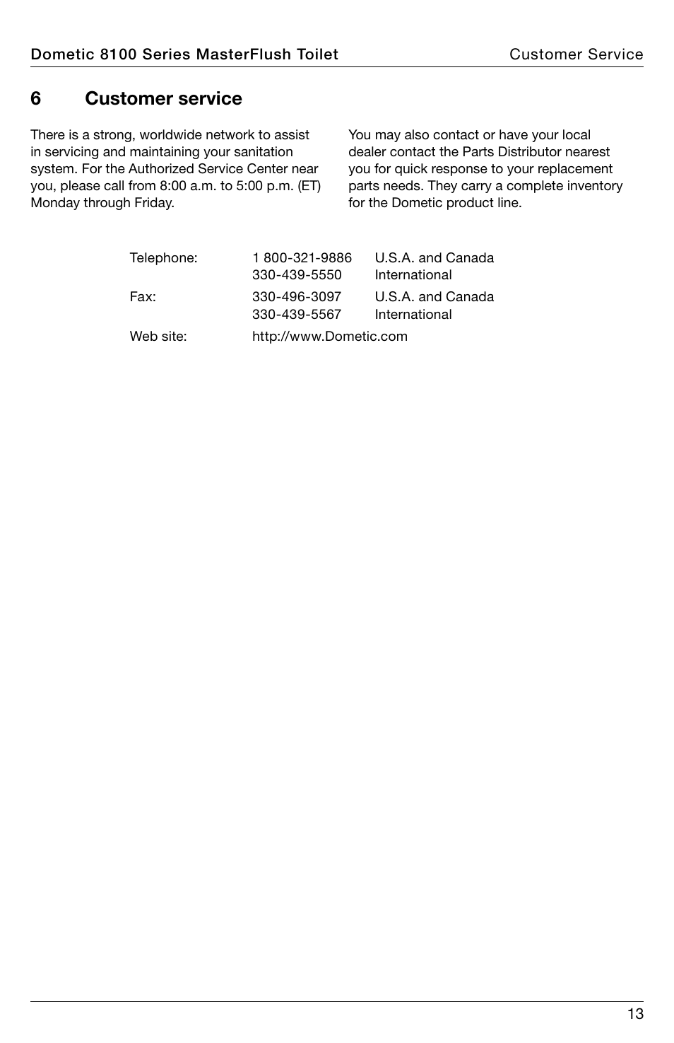 6customer service | SeaLand 8100 Series MasterFlush Installation User Manual | Page 13 / 100