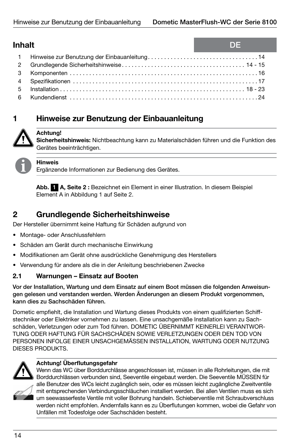 1hinweise zur benutzung der einbauanleitung, De inhalt, 2grundlegende sicherheitshinweise | SeaLand 8100 Series MasterFlush Installation User Manual | Page 14 / 100