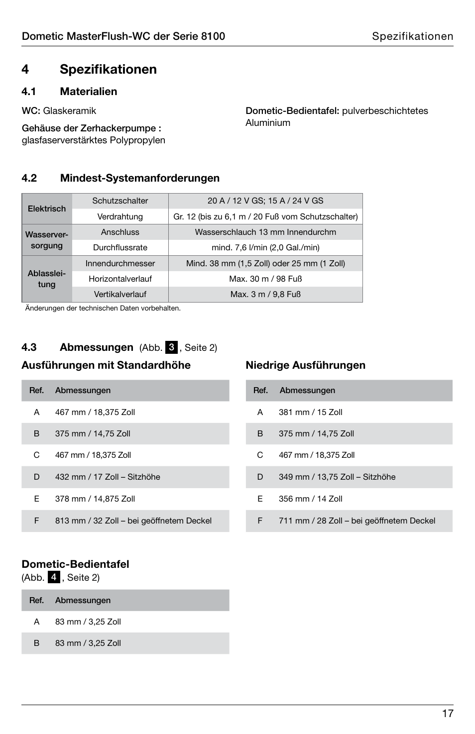 4 spezifikationen, 1 materialien, 3 abmessungen | Ausführungen mit standardhöhe dometic-bedientafel, Niedrige ausführungen | SeaLand 8100 Series MasterFlush Installation User Manual | Page 17 / 100