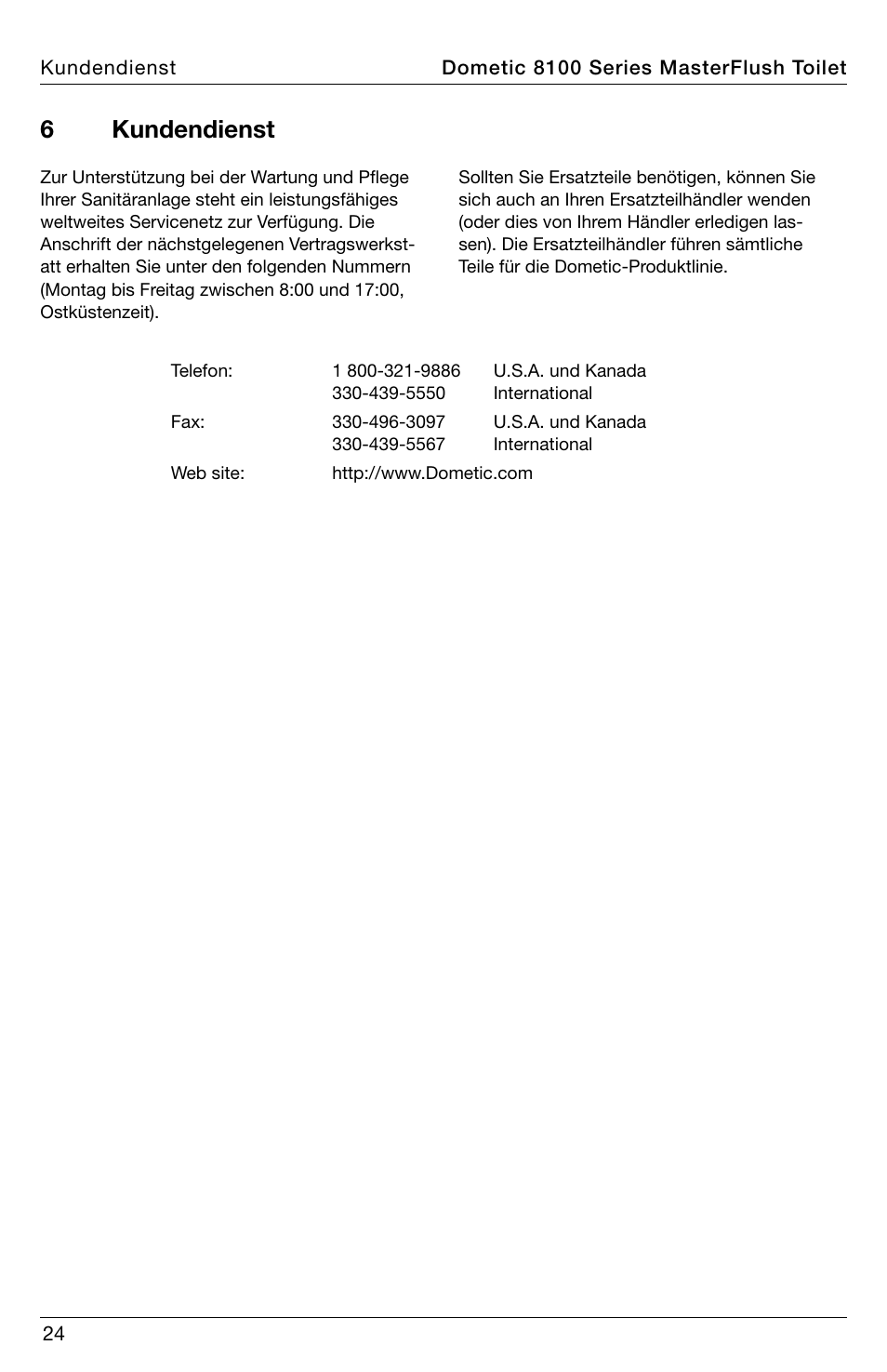 6 kundendienst | SeaLand 8100 Series MasterFlush Installation User Manual | Page 24 / 100