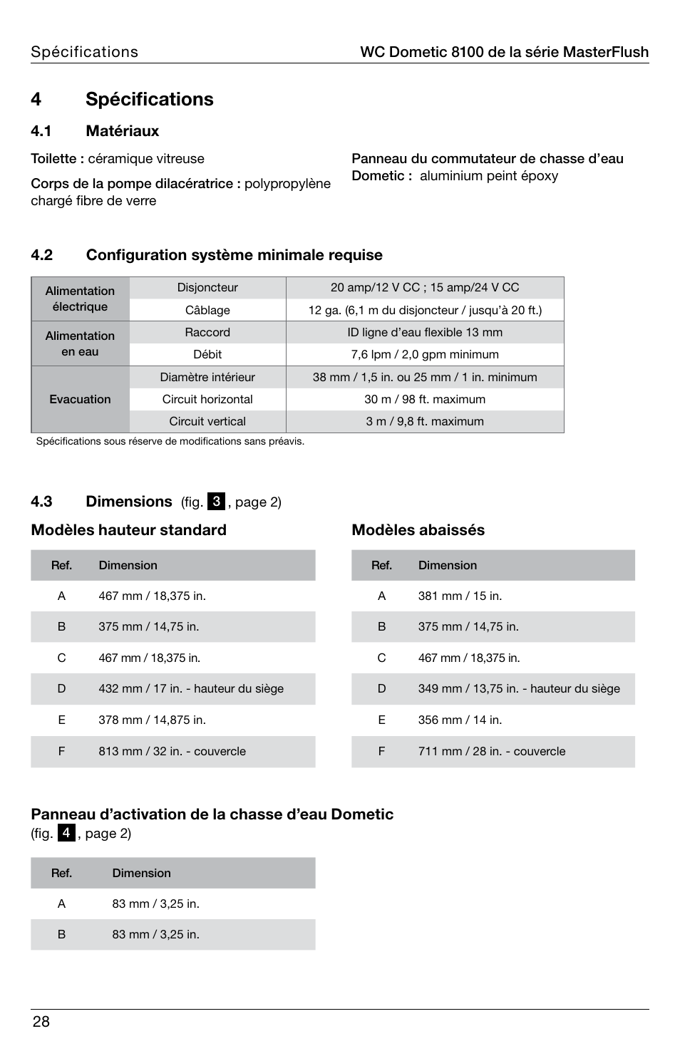 4 spécifications, 1 matériaux | SeaLand 8100 Series MasterFlush Installation User Manual | Page 28 / 100