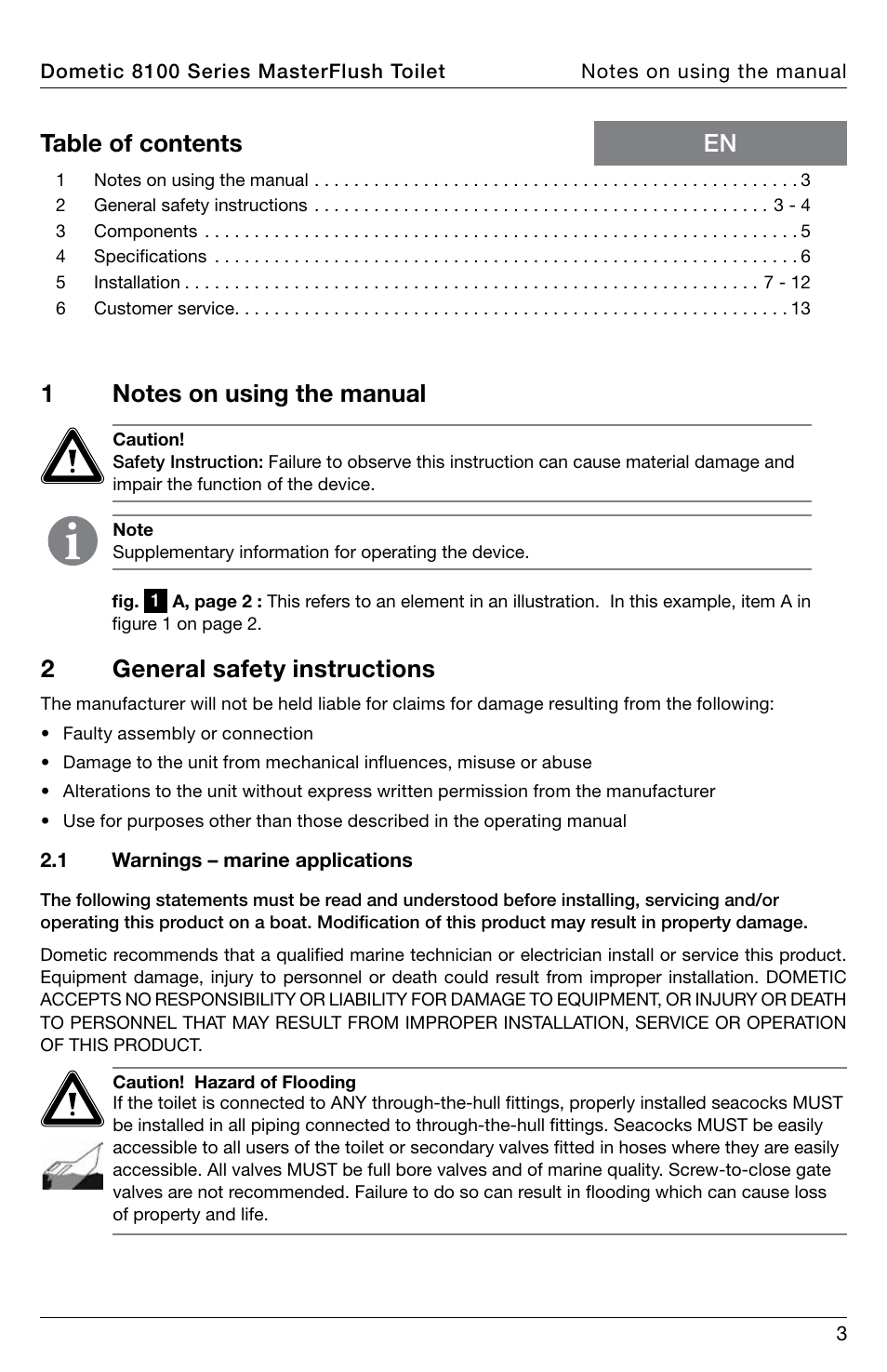 En table of contents 2 general safety instructions | SeaLand 8100 Series MasterFlush Installation User Manual | Page 3 / 100