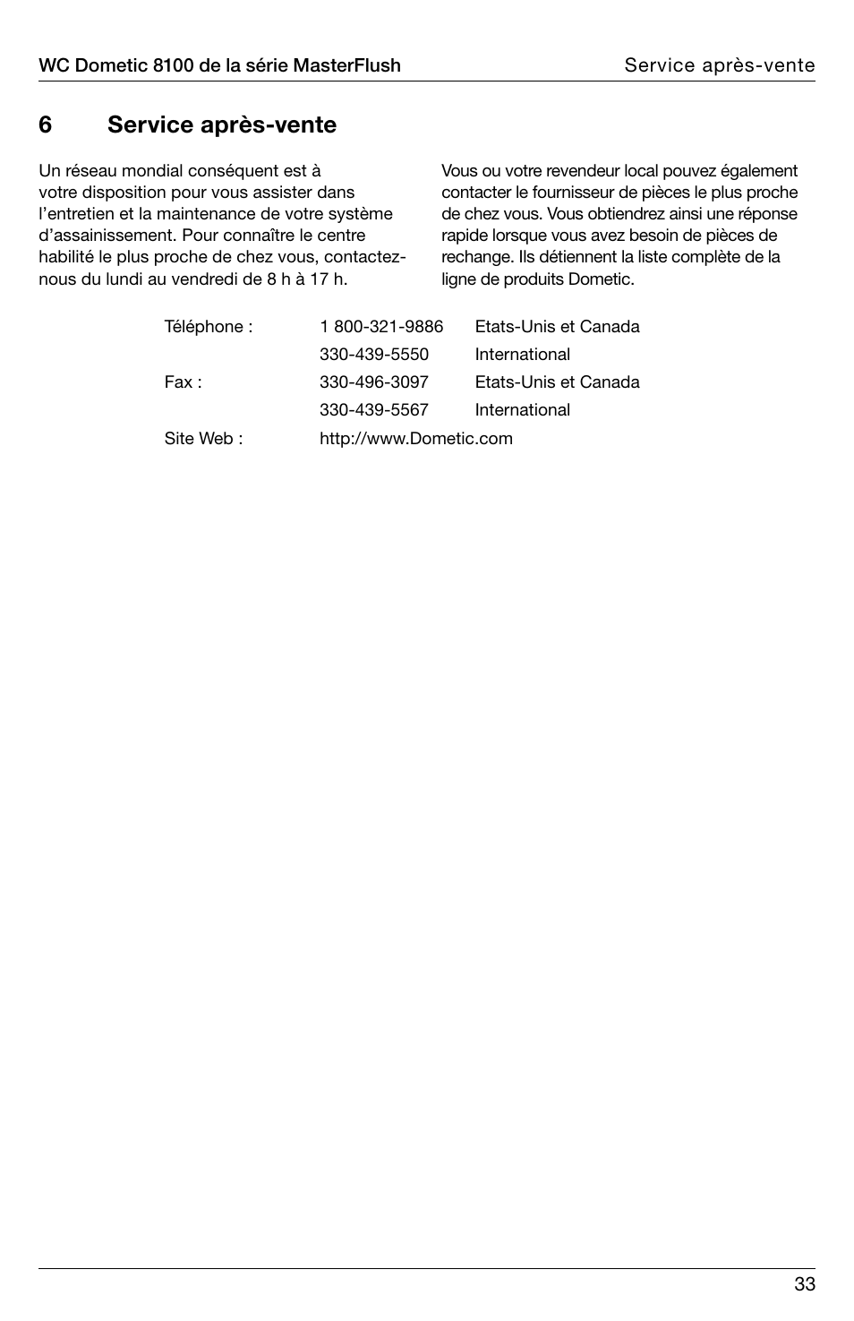 6service après-vente | SeaLand 8100 Series MasterFlush Installation User Manual | Page 33 / 100