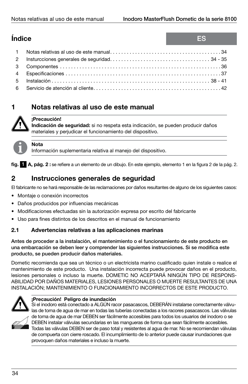 1notas relativas al uso de este manual, Es índice 2 instrucciones generales de seguridad | SeaLand 8100 Series MasterFlush Installation User Manual | Page 34 / 100